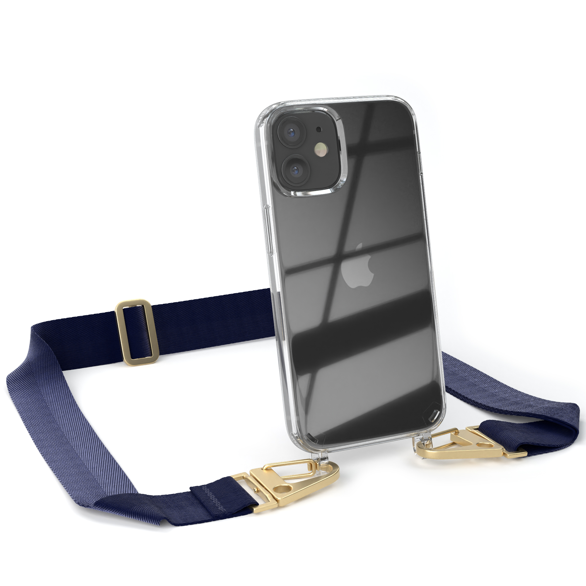 Transparente Handyhülle mit dunkelblauem Riemen und goldenen Verschlüssen. iPhone 12 innen. Weißer Hintergrund.