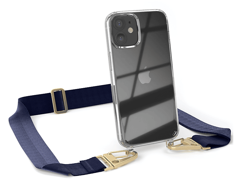 EAZY CASE Transparente Handyhülle mit breiter Kordel + Karabiner, Umhängetasche, Apple, iPhone 12 Mini, Dunkel Blau / Gold