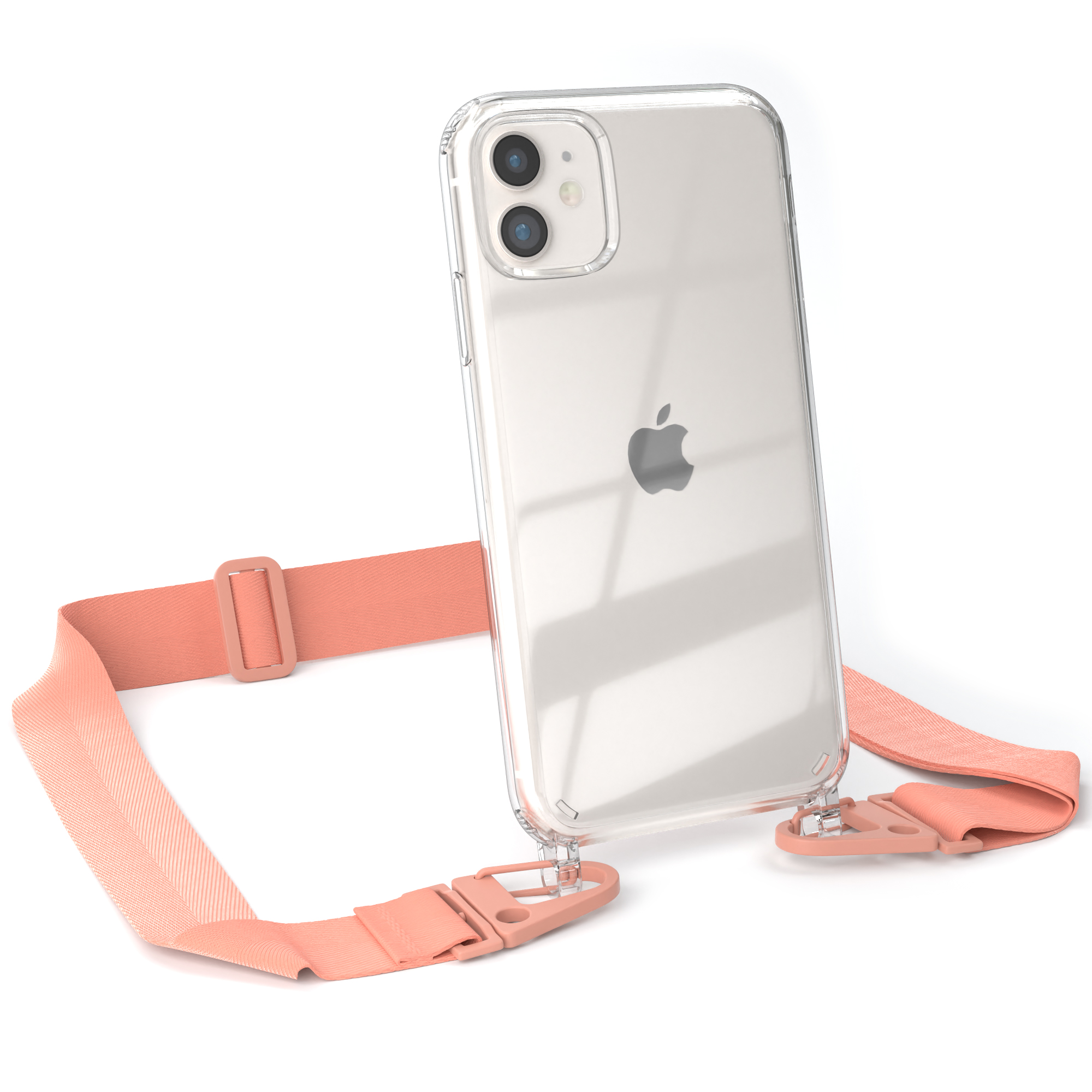 Transparente Handyhülle mit Pfirsichband. iPhone ist innen. Pfirsichfarbenes Band und Verschlüsse.