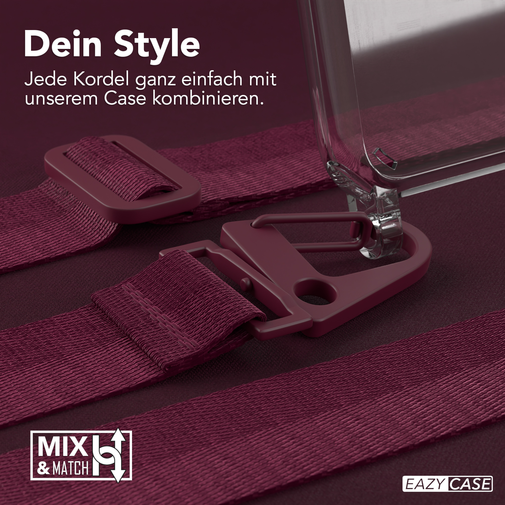 Ein weinroter Handygurt mit einer transparenten Handyhülle. Der Text 'MXL & MATCH' ist im Bild.