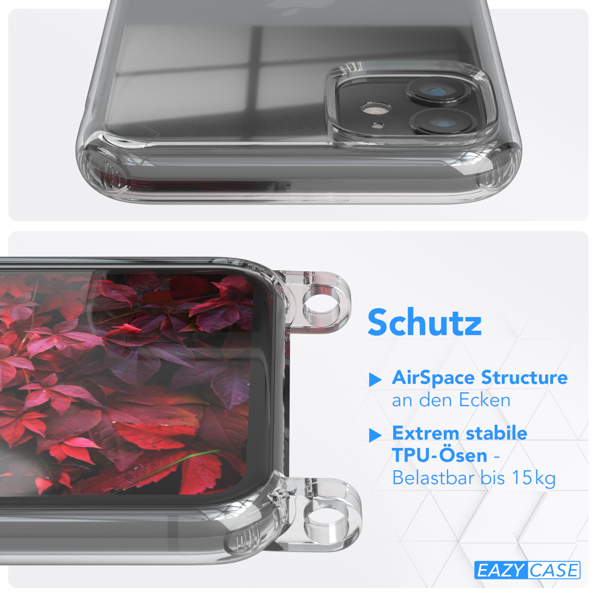CASE Beere iPhone / Rot Handyhülle 11, Kordel + EAZY Karabiner, Apple, Umhängetasche, breiter mit Transparente Burgundy