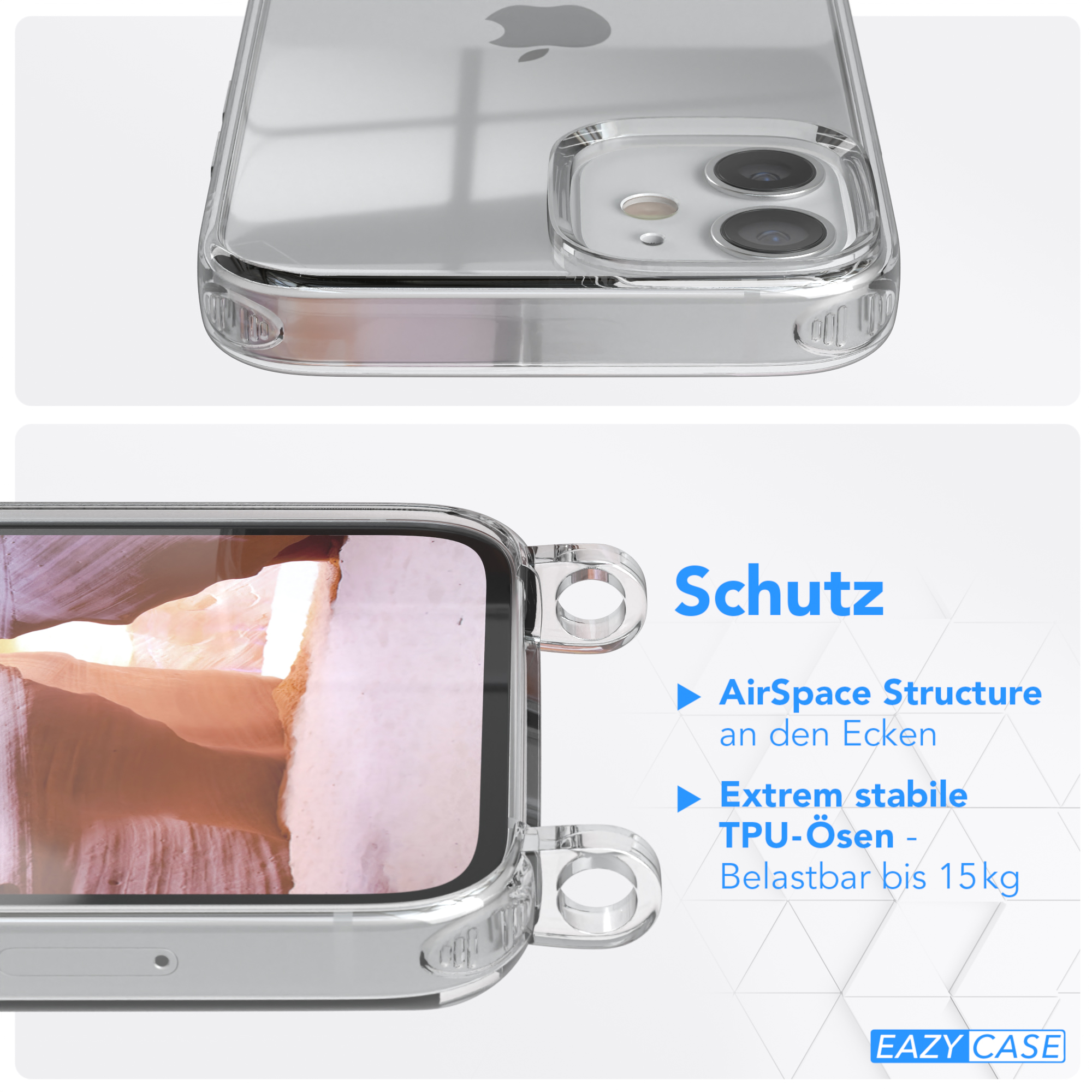 Zwei Nahaufnahmen einer Handyhülle. Die Hülle ist transparent und zeigt Schutzfunktionen.