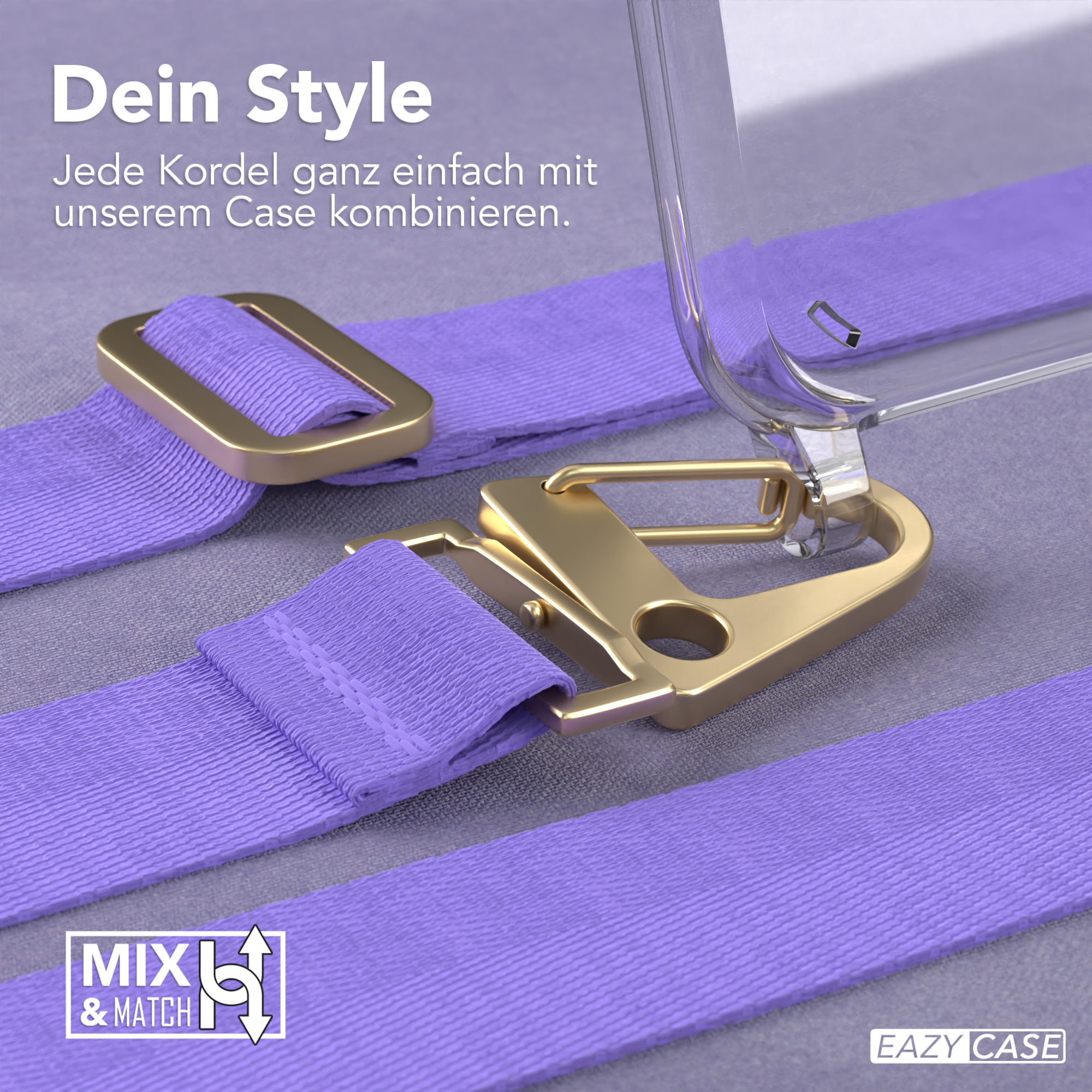 Eine transparente Handyhülle mit einem lila Schlüsselband. Ein goldener Haken befestigt das Schlüsselband an der Hülle.