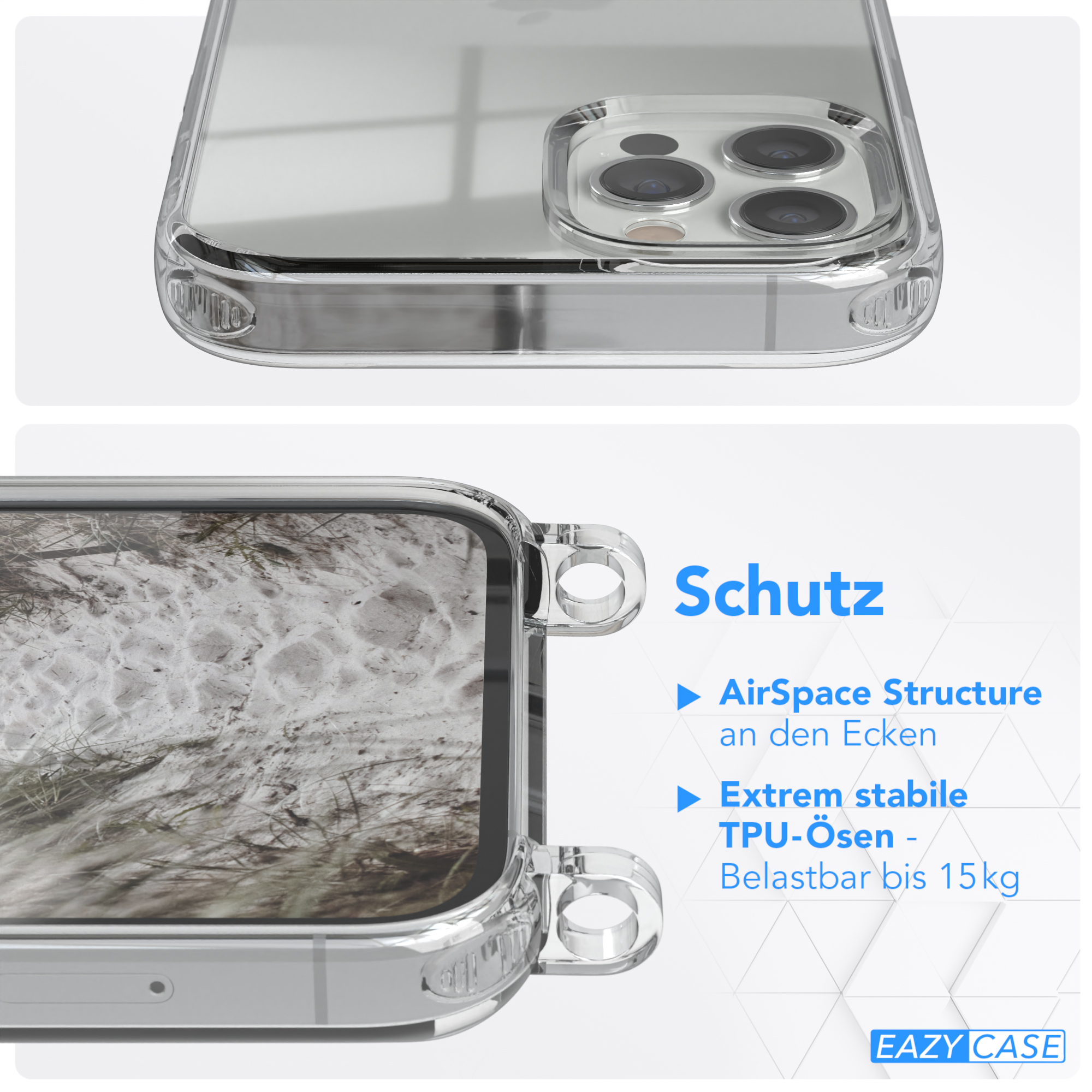EAZY CASE Transparente + Grau Handyhülle iPhone 12 / Karabiner, mit Taupe Apple, / Beige 12 Kordel breiter Umhängetasche, Pro