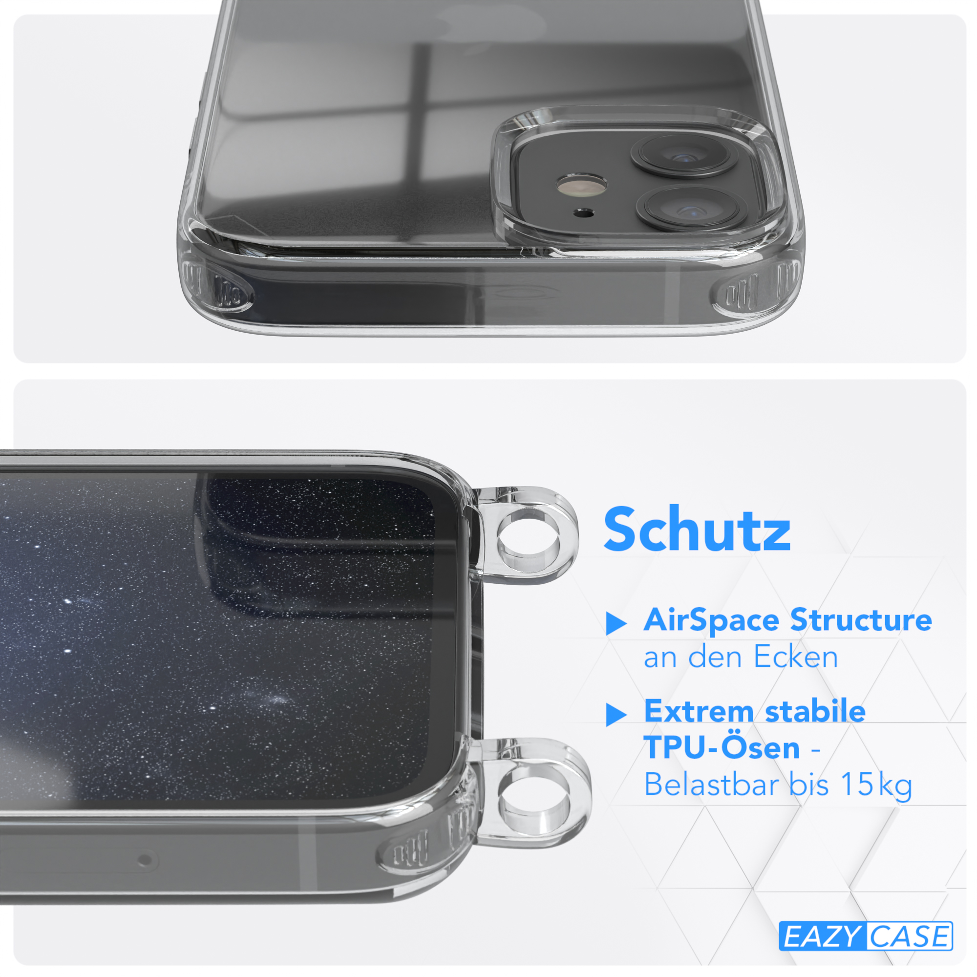 EAZY CASE / Karabiner, Kordel Handyhülle Apple, Dunkel Gold iPhone 12 Umhängetasche, + Blau Transparente mit Mini, breiter