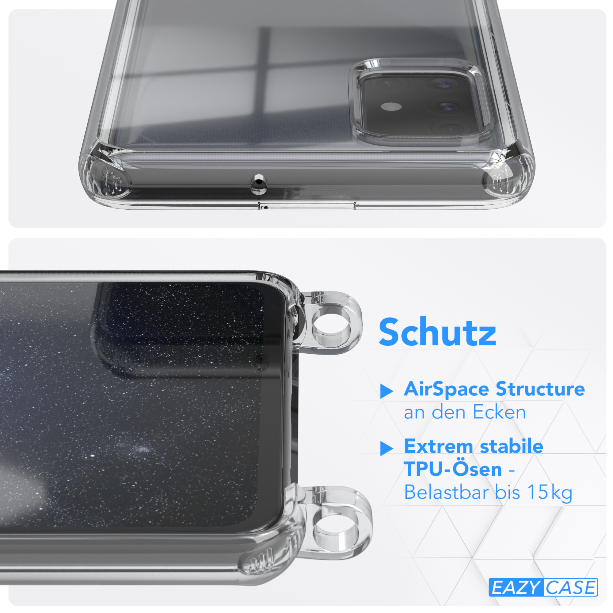 Nahaufnahme einer Handyhülle mit Telefon. Merkmale: AirSpace Structure, TPU-Ösen, Belastung bis 15 kg.