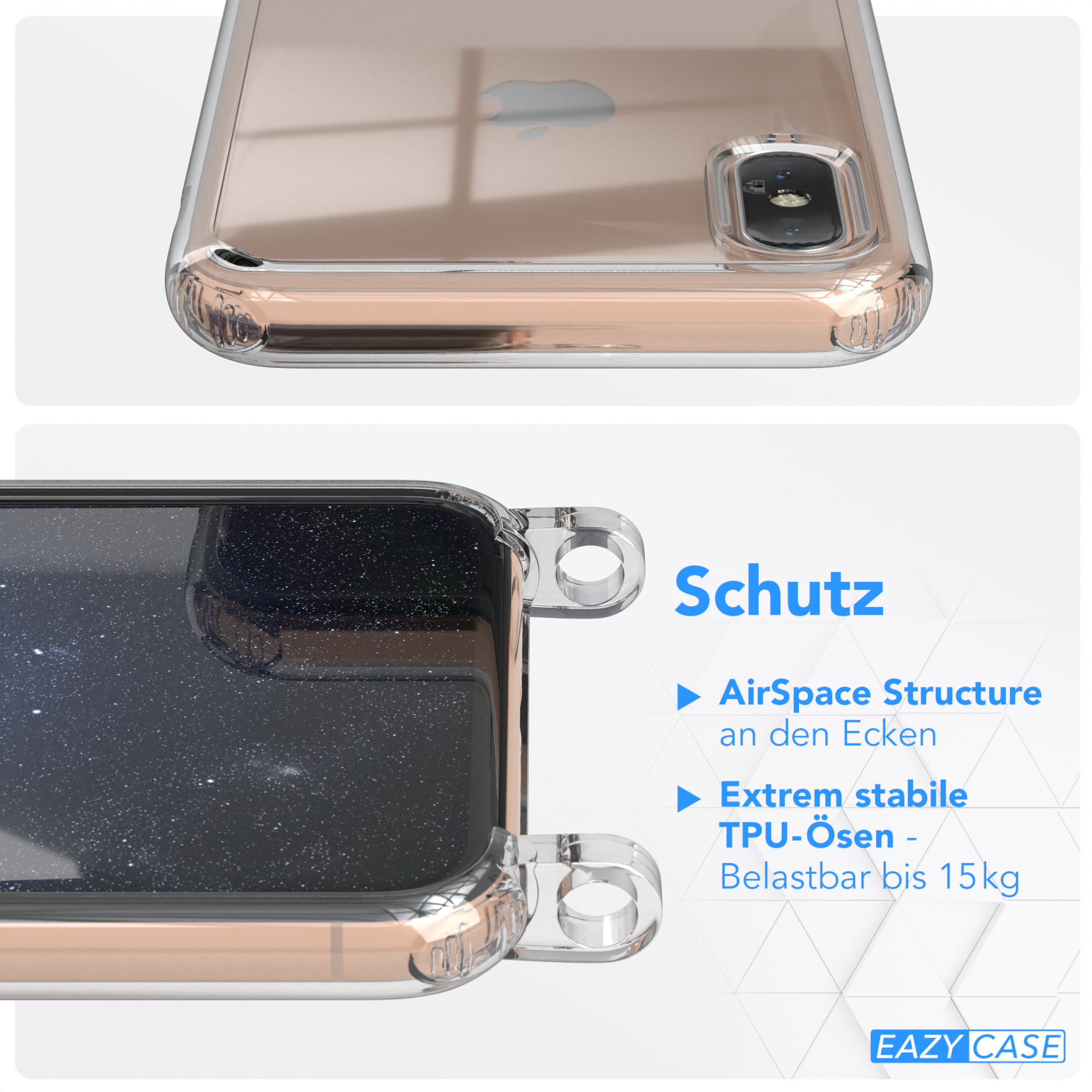 Eine transparente Handyhülle auf einem Telefon, mit einer Nahaufnahme der Ecke und einer Textbeschreibung.