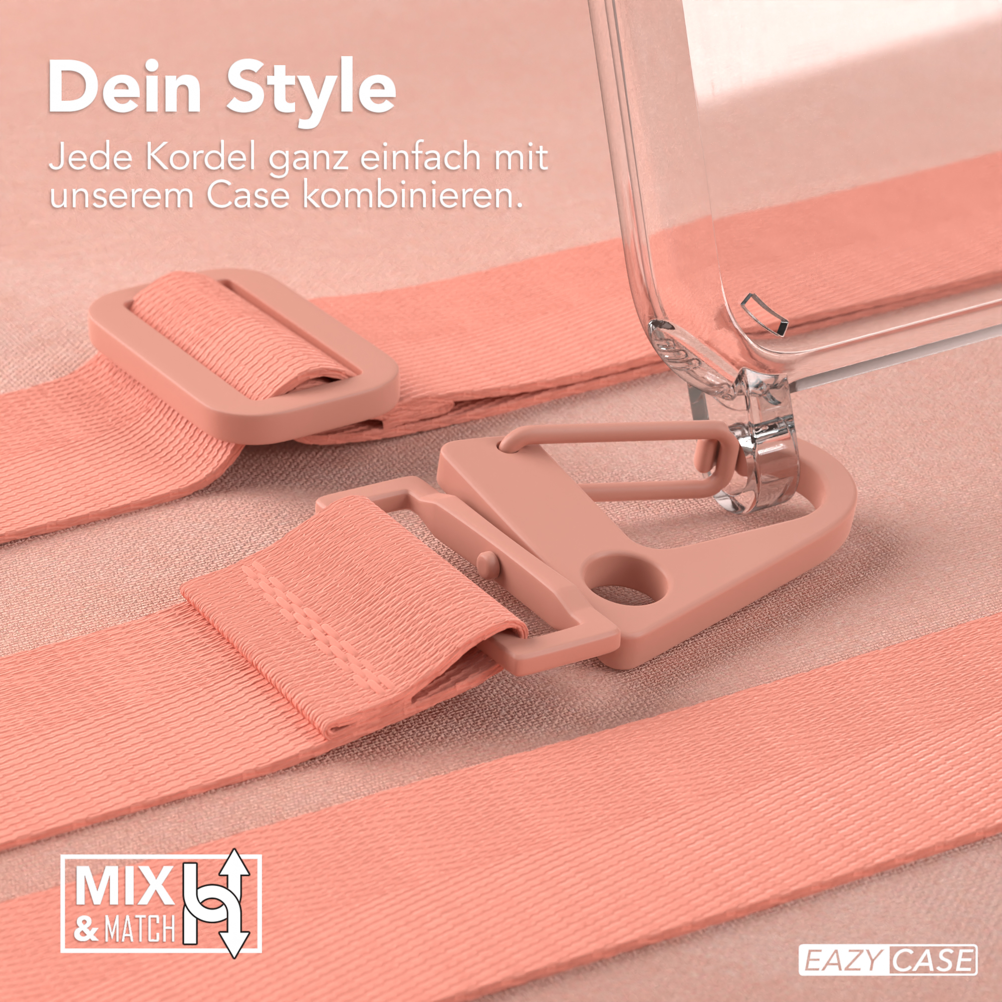 Eine Handyhülle mit Trageriemen, zeigt rosa Riemen und eine transparente Hülle. Text: 'Mix & Match'.