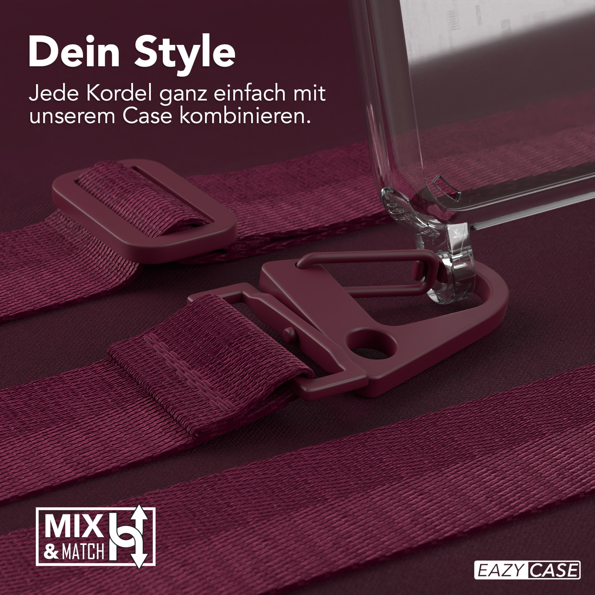Nahaufnahme eines weinroten Riemens mit Schnalle und Verschluss. Oben ein klares Handycase.