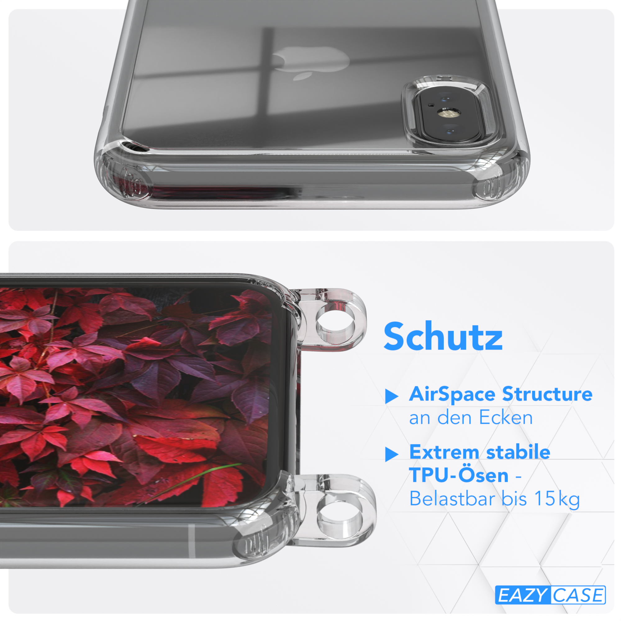 Eine transparente Handyhülle auf einem Telefon. Der Text 'Schutz' ist sichtbar.