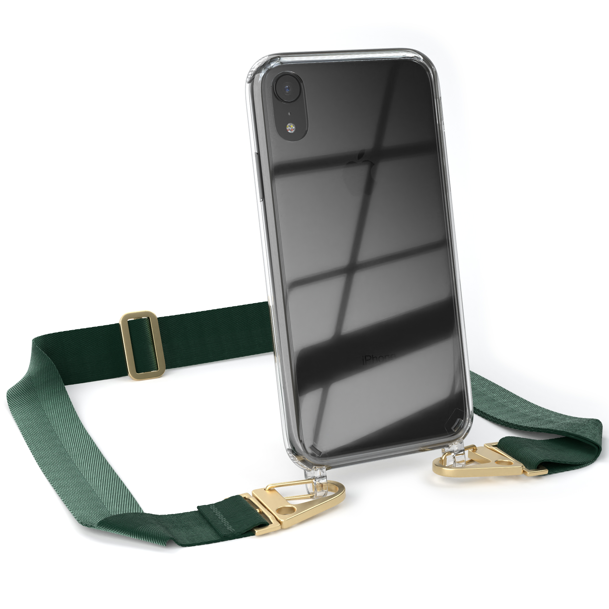 Transparente Handyhülle mit grünem Gurt auf einem iPhone XR.