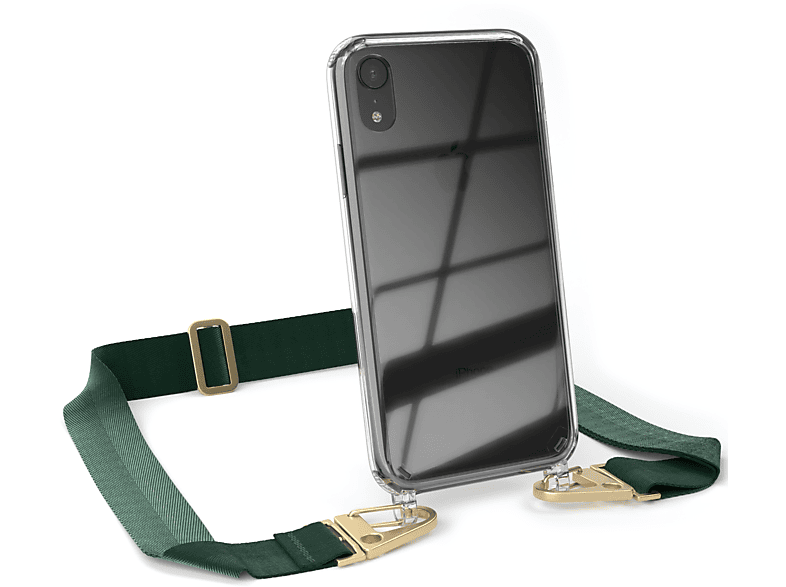 EAZY CASE Transparente Handyhülle mit breiter Kordel + Karabiner, Umhängetasche, Apple, iPhone XR, Dunkel Grün / Gold