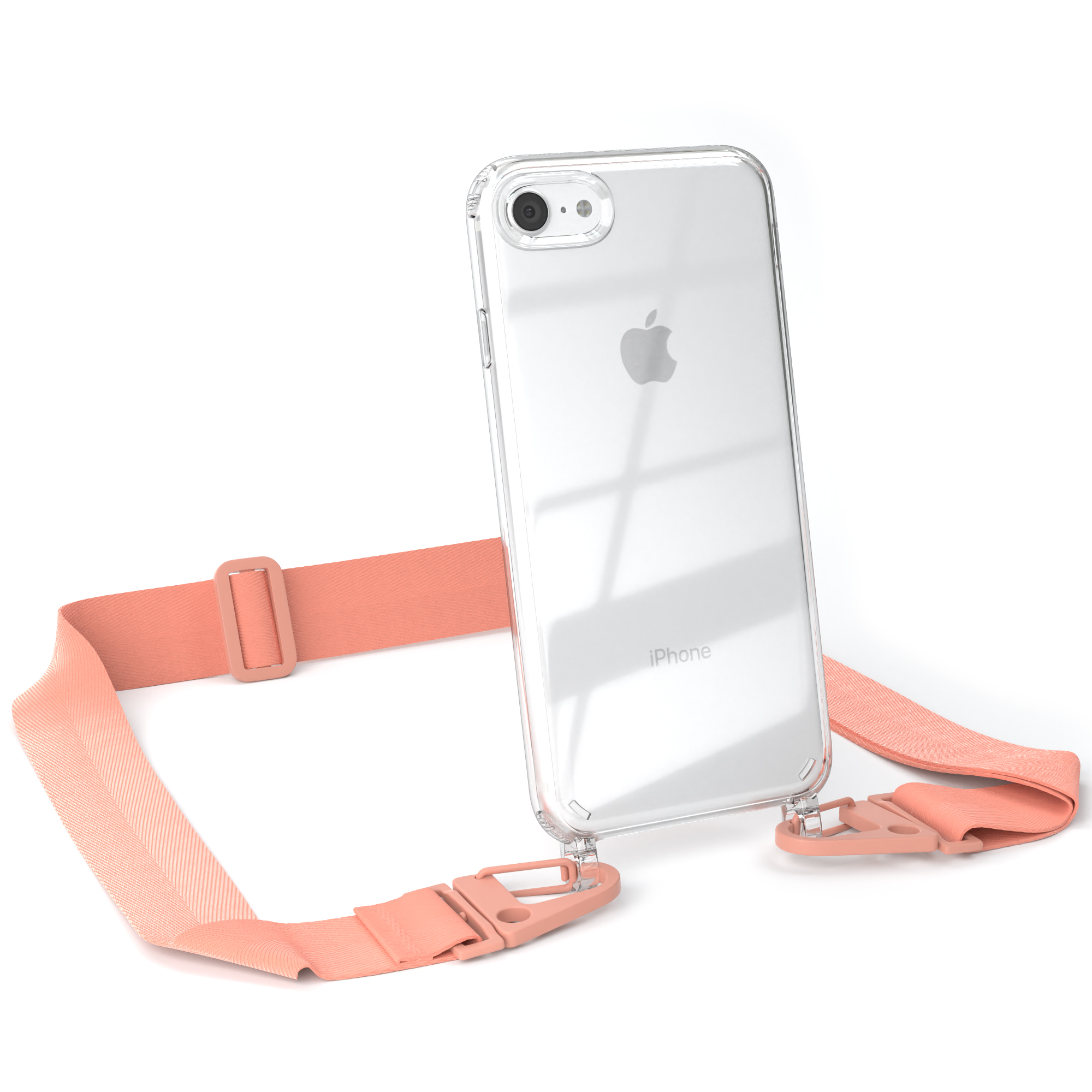 Transparente Handyhülle mit Pfirsichfarbenem Riemen, mit Clips, die ein iPhone halten.