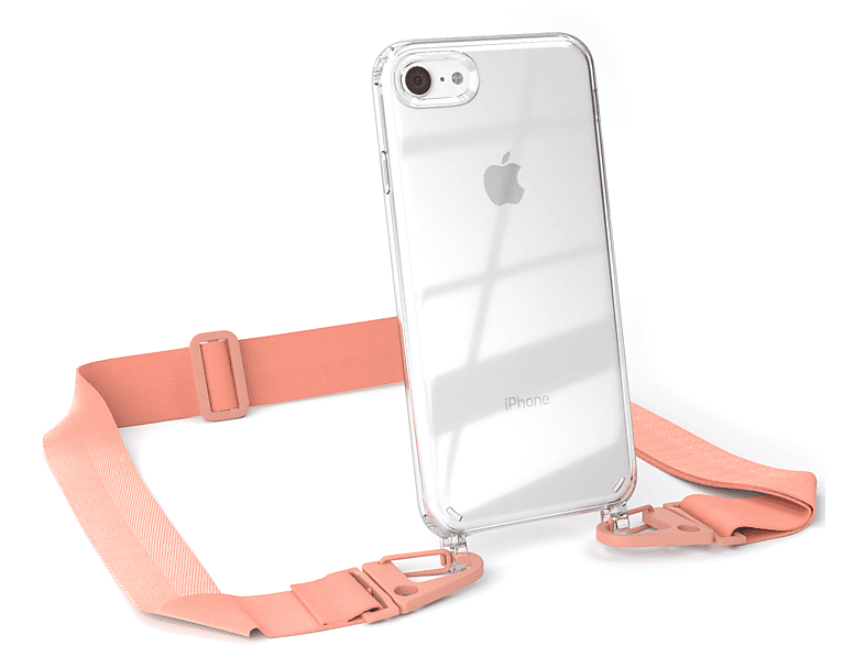 EAZY CASE Transparente Handyhülle mit breiter Kordel + Karabiner, Umhängetasche, Apple, iPhone SE 2022 / SE 2020, iPhone 7 / 8, Altrosa / Coral