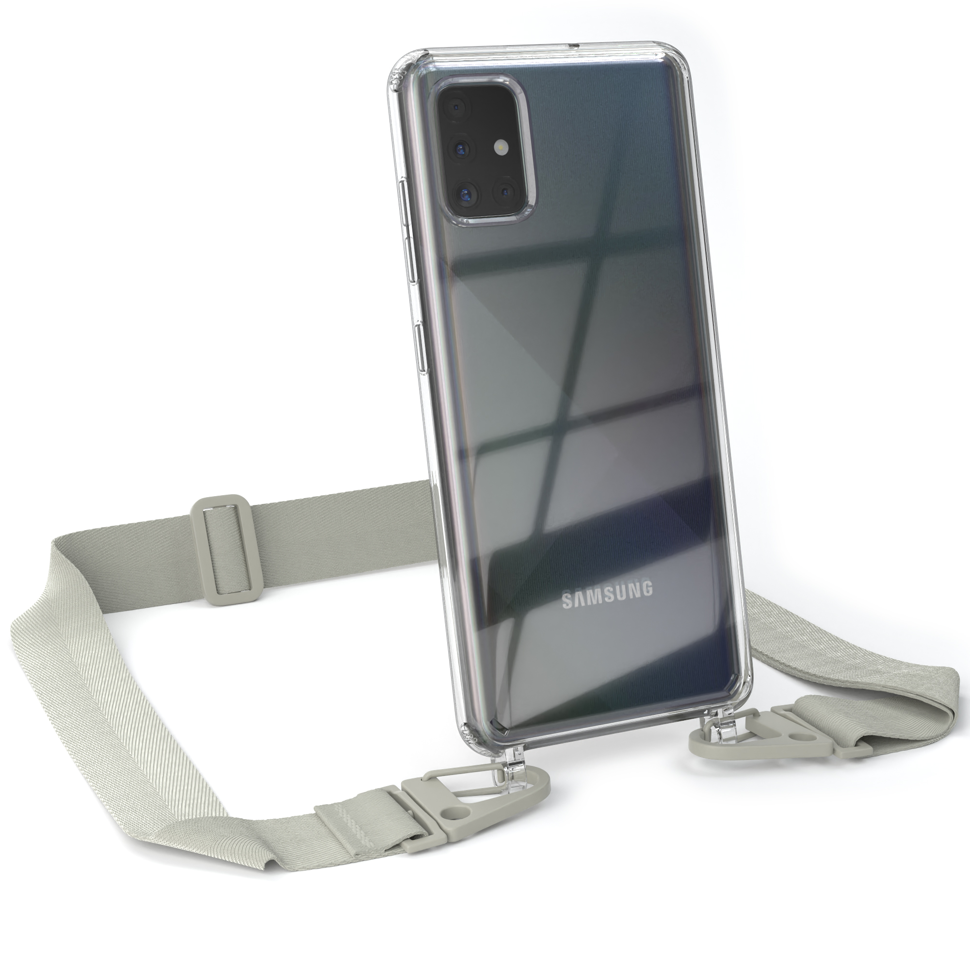 EAZY CASE + Samsung, Kordel Galaxy Handyhülle breiter Transparente Karabiner, A51, mit Umhängetasche, / Taupe Beige Grau