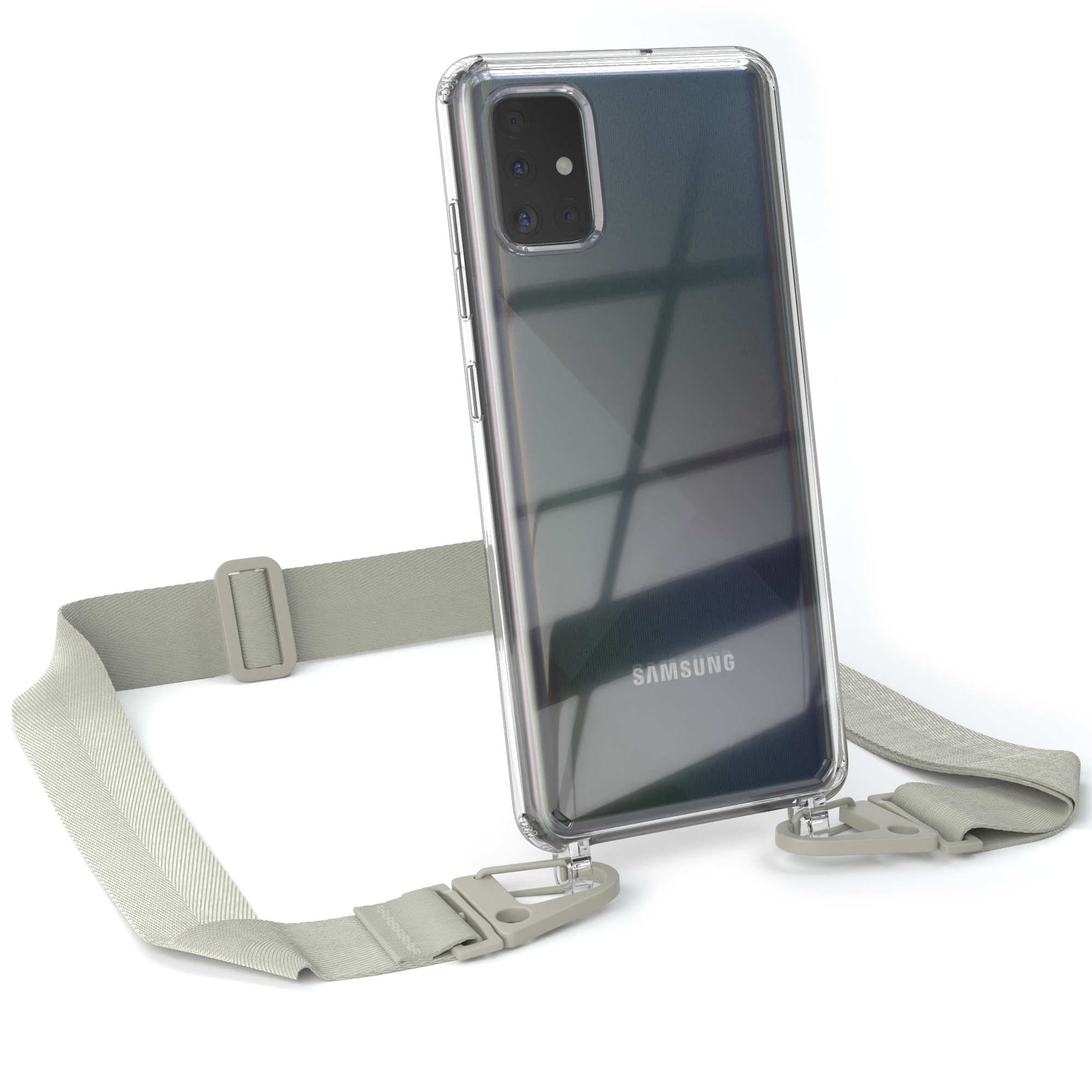 Transparente Handyhülle mit Gurt. Ein Samsung-Handy ist darin. Der Gurt ist hellgrau.