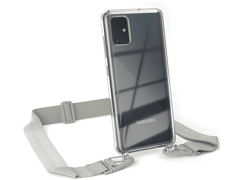 EAZY CASE Transparente Handyhülle mit breiter Kordel + Karabiner, Umhängetasche, Samsung, Galaxy A51, Beige Grau / Taupe