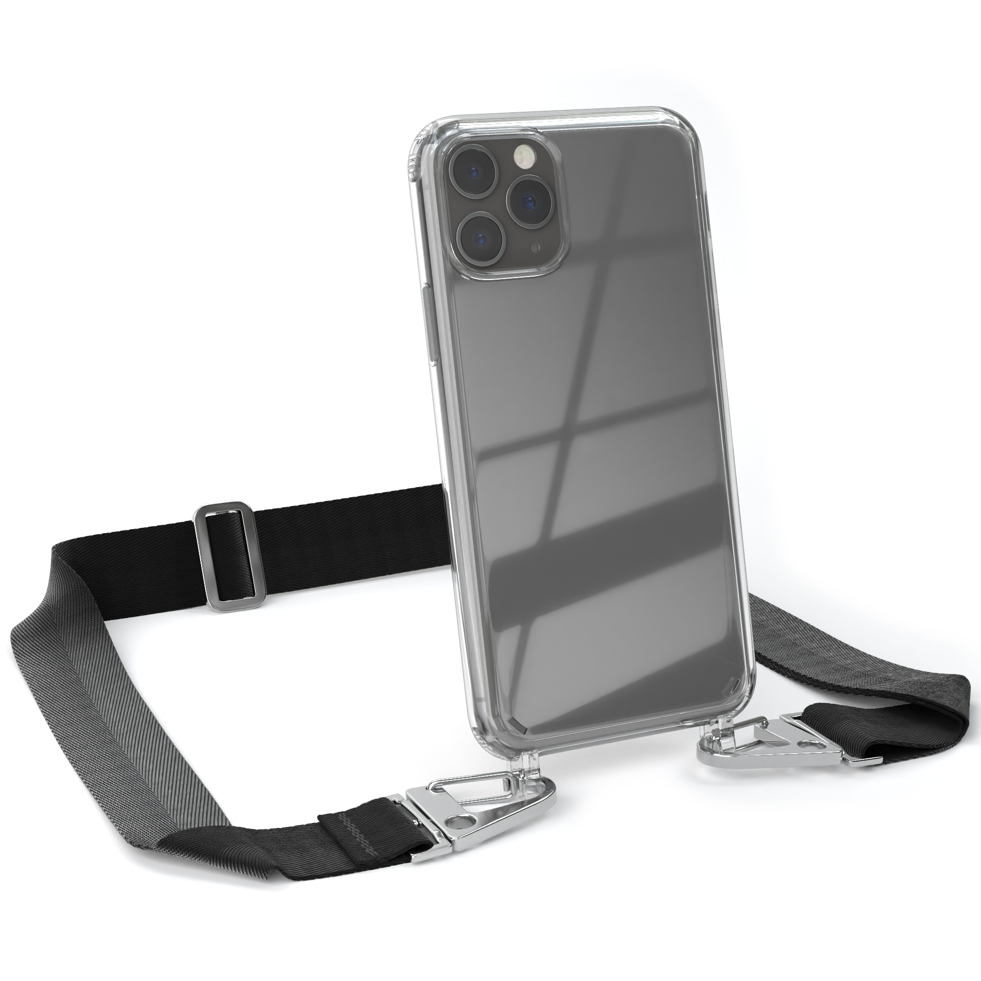 EAZY CASE Silber Transparente + breiter iPhone Apple, / Handyhülle Schwarz 11 Kordel mit Pro, Karabiner, Umhängetasche