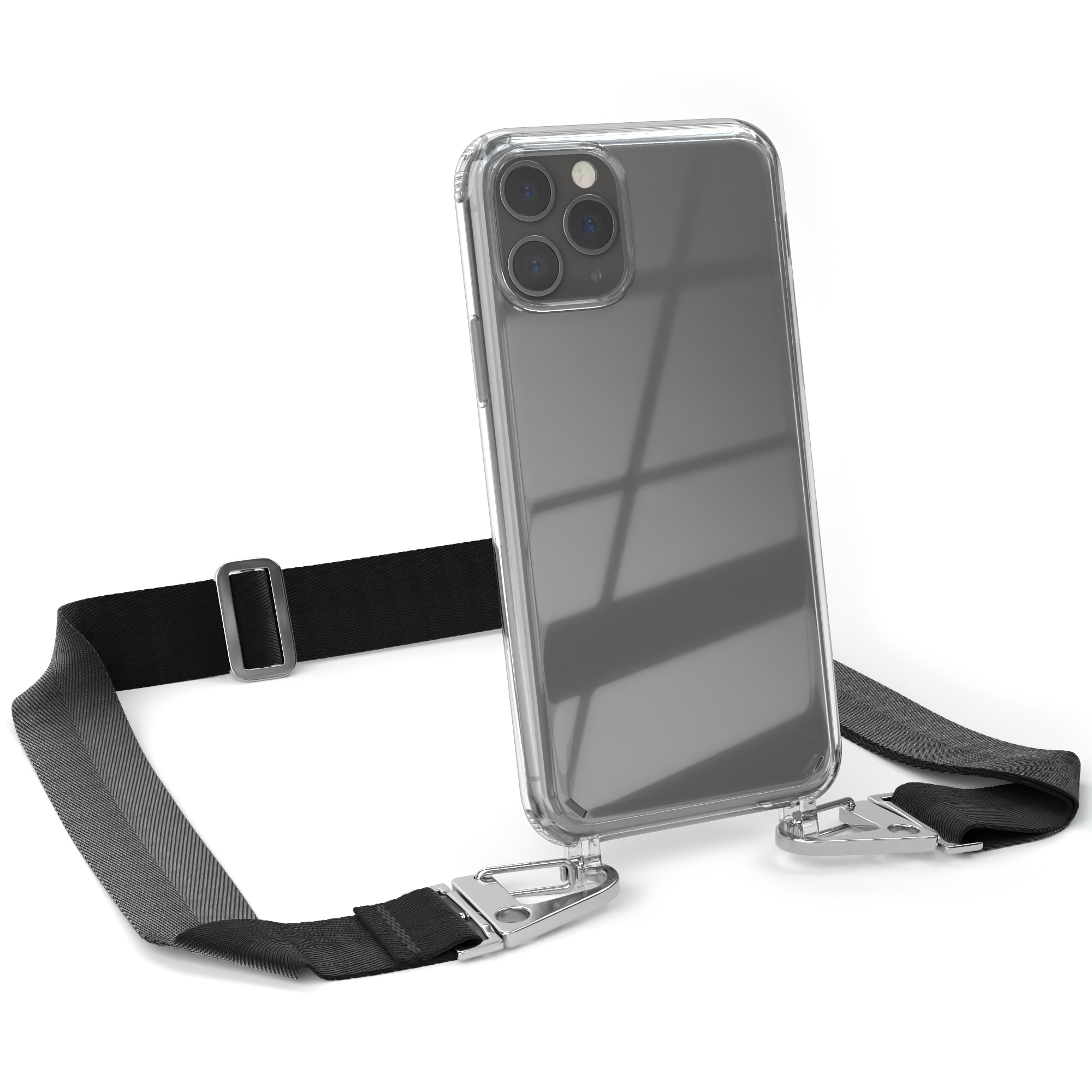 Klares Telefon mit Lanyard. Das Telefon ist klar mit drei Kameras.