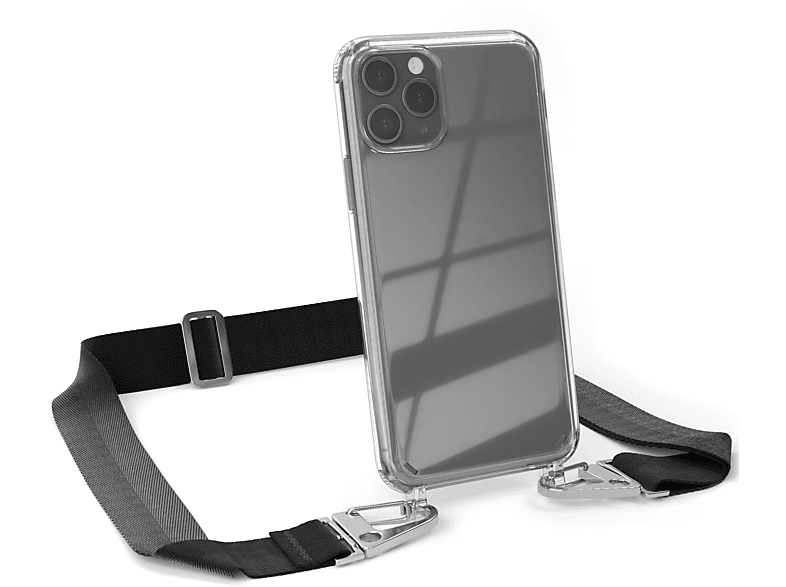 EAZY CASE Transparente Handyhülle mit breiter Kordel + Karabiner, Umhängetasche, Apple, iPhone 11 Pro, Schwarz / Silber