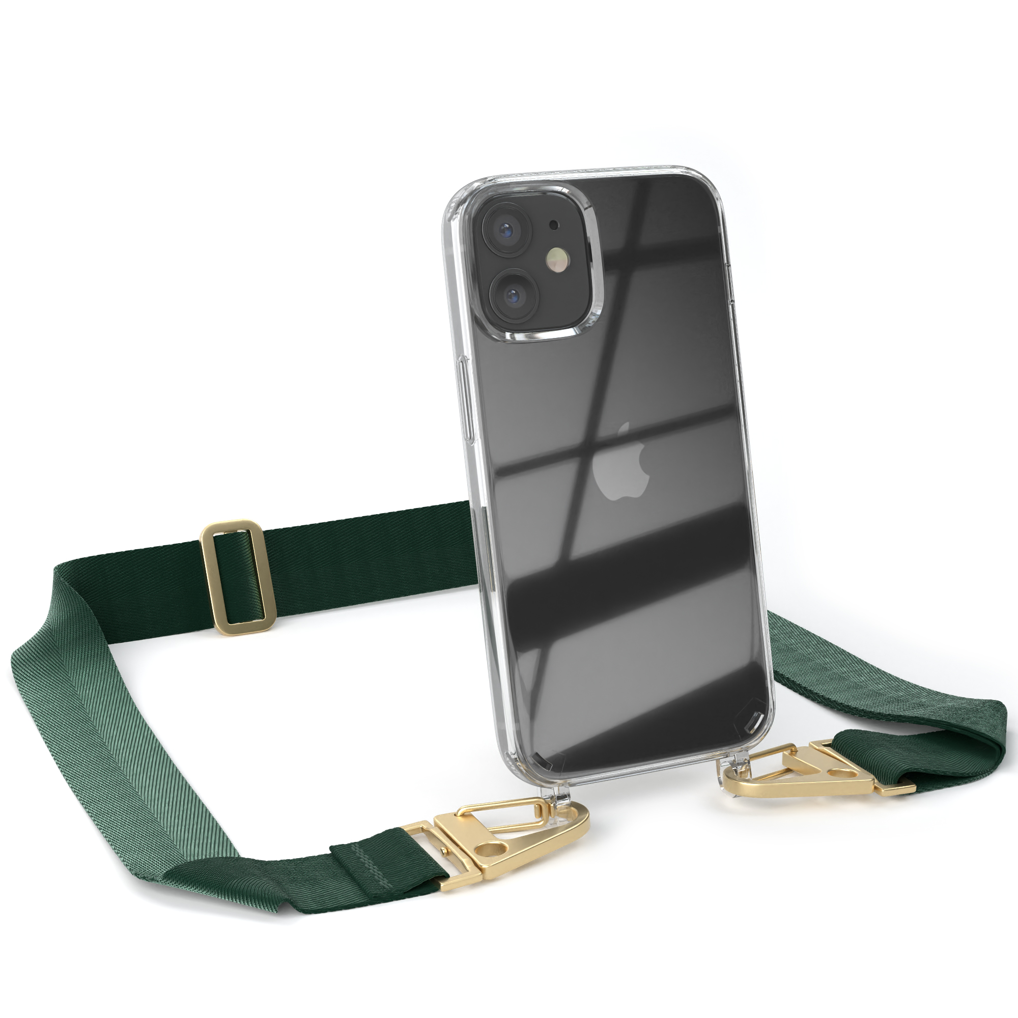 Klares Telefon mit grünem Lanyard. Das Telefon hat zwei Kameras.