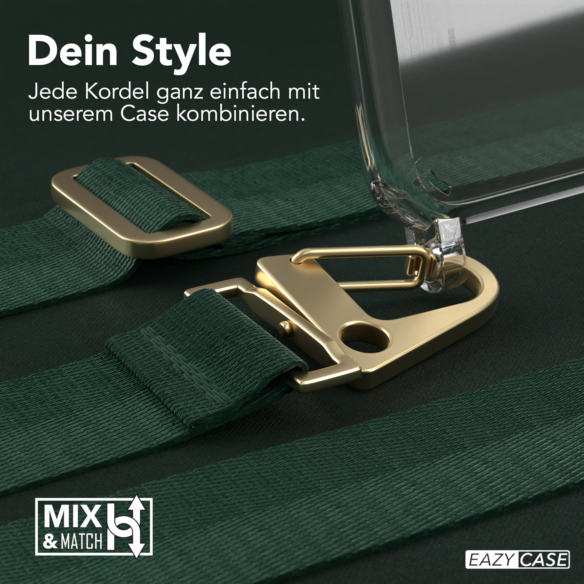 Nahaufnahme eines grünen Gurtes und goldenen Hakendetails. Text lautet 'Dein Style'.