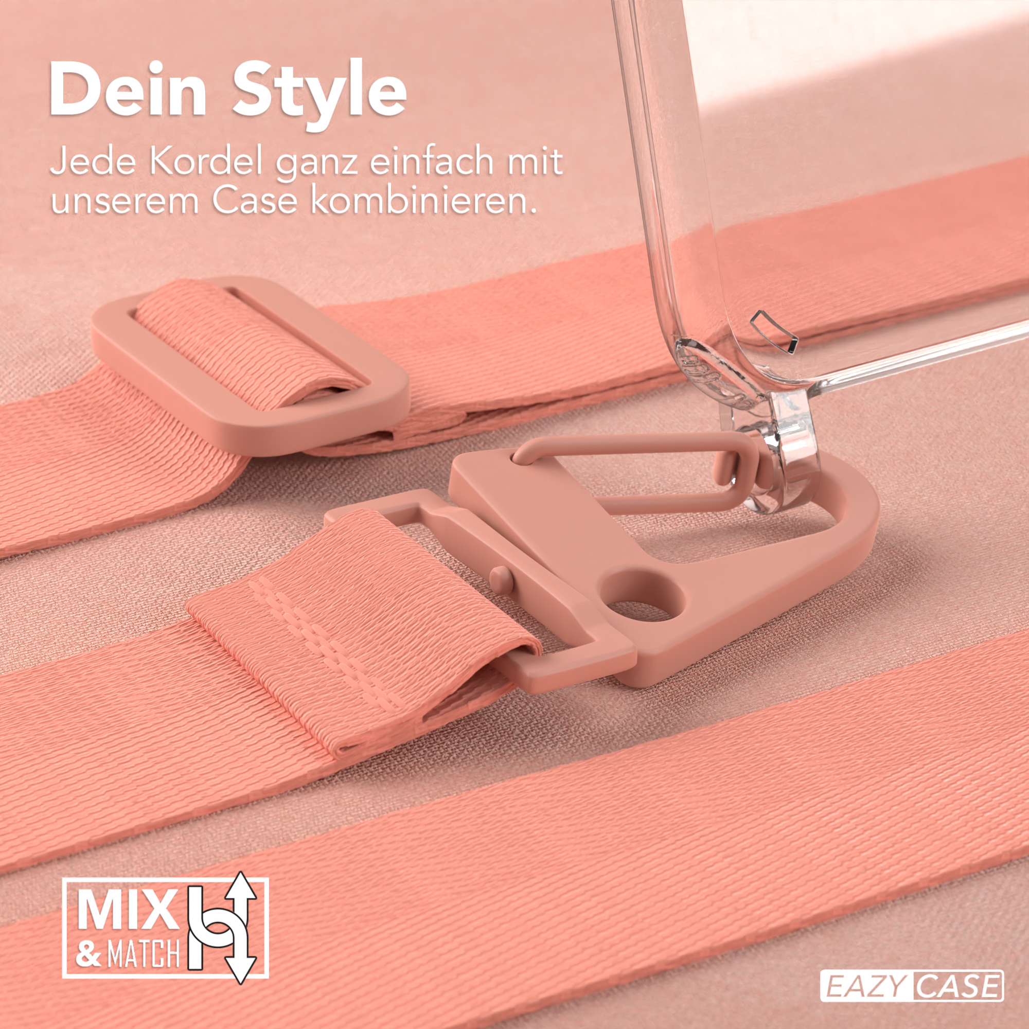 Nahaufnahme von rosa Trägern mit einer transparenten Handyhülle, die eine Schnalle zeigt.