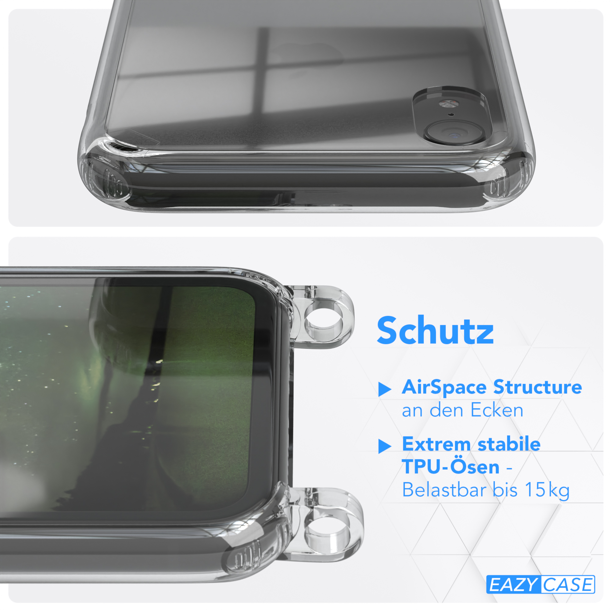 Eine transparente Handyhülle, die Funktionen wie AirSpace Structure und TPU-Ösen zeigt.