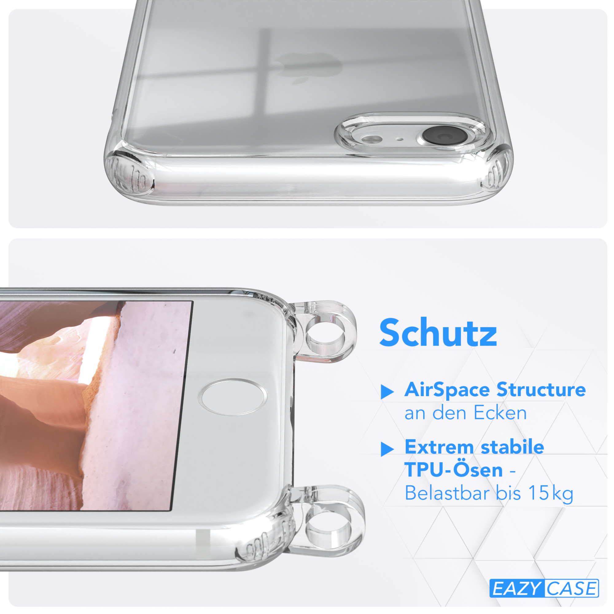 EAZY CASE Transparente Handyhülle mit Coral SE + iPhone 2020, Umhängetasche, Karabiner, / SE 7 / 2022 8, iPhone Apple, Kordel breiter / Altrosa