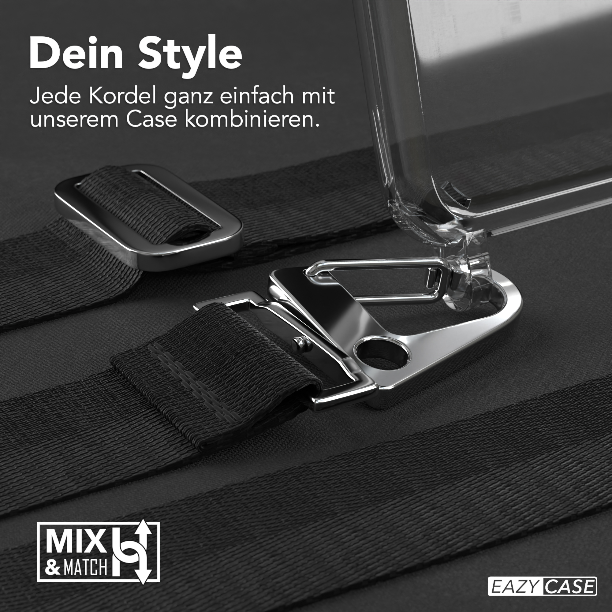 Eine transparente Handyhülle wird mit einem Riemen und Metallbeschlägen gezeigt. Die Marke ist EAZY CASE. Der Hintergrund ist schwarz.