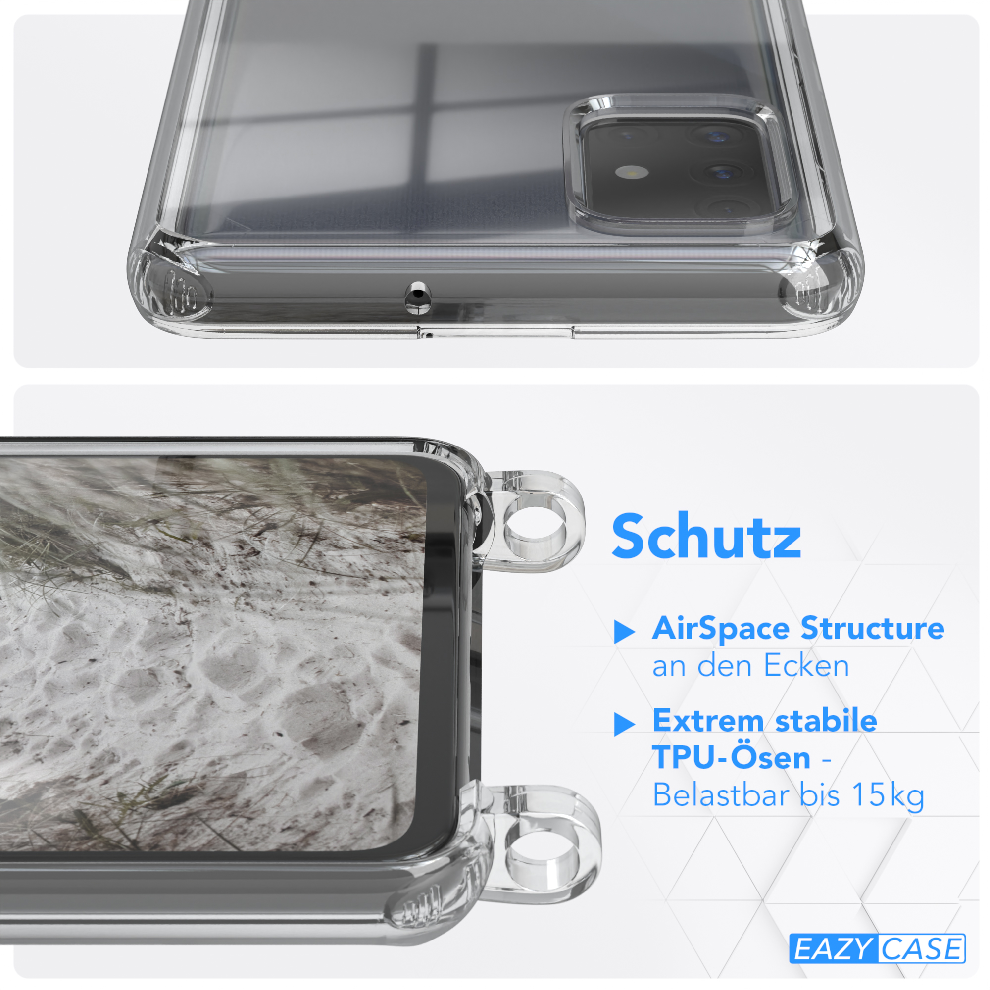 Galaxy mit A51, Umhängetasche, Transparente EAZY Taupe Karabiner, CASE Kordel / Beige Samsung, Grau Handyhülle breiter +