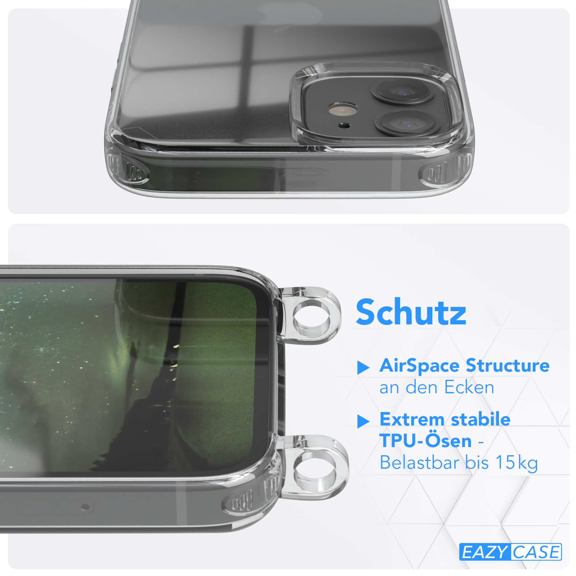 Eine transparente Handyhülle mit Riemen und Metallbeschlägen wird gezeigt. Die Marke ist EAZY CASE. Der Hintergrund ist eine Landschaft.