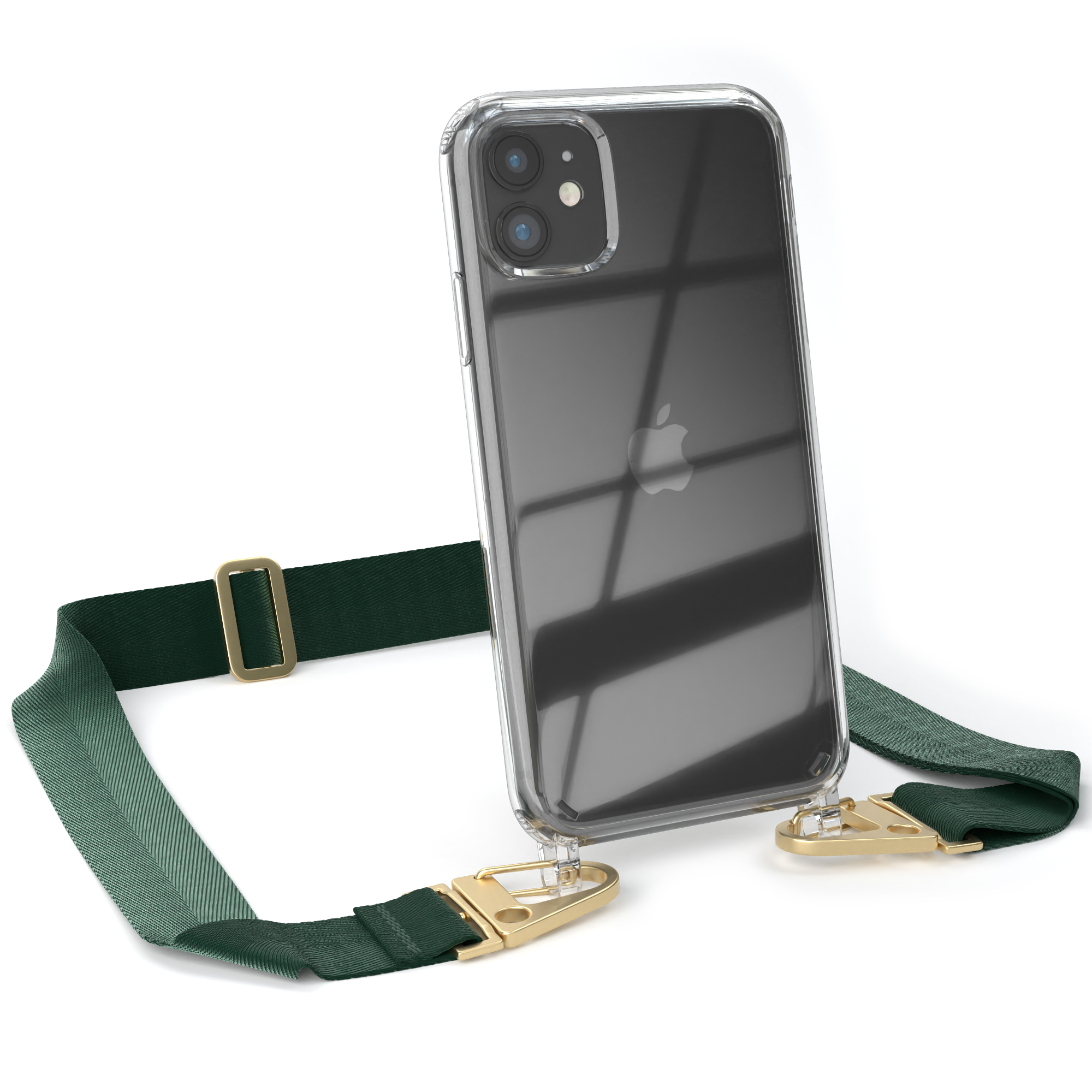 Transparente Handyhülle mit grünem Band und goldenen Verschlüssen, an einem iPhone.