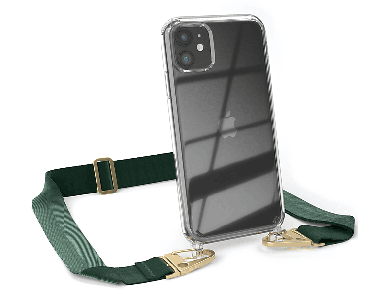 EAZY CASE Transparente Gold mit breiter 11, + Apple, iPhone Dunkel / Grün Kordel Umhängetasche, Karabiner, Handyhülle