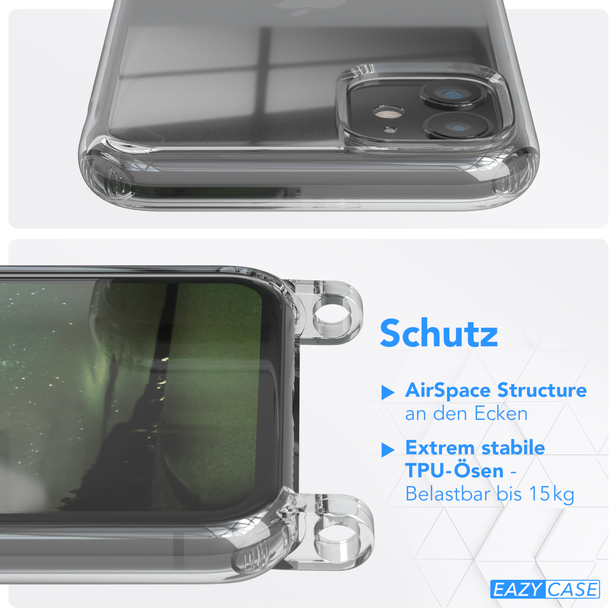 Eine transparente Handyhülle mit einem Telefon darin. Die Hülle hat verstärkte Ecken.