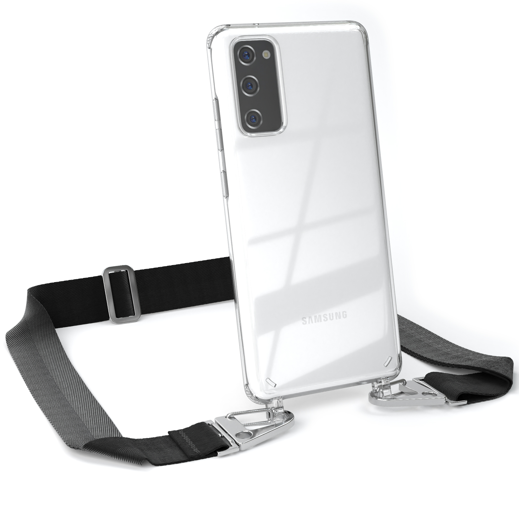 EAZY CASE Transparente Handyhülle Galaxy Umhängetasche, + Samsung, Schwarz / Silber S20, mit breiter Kordel Karabiner