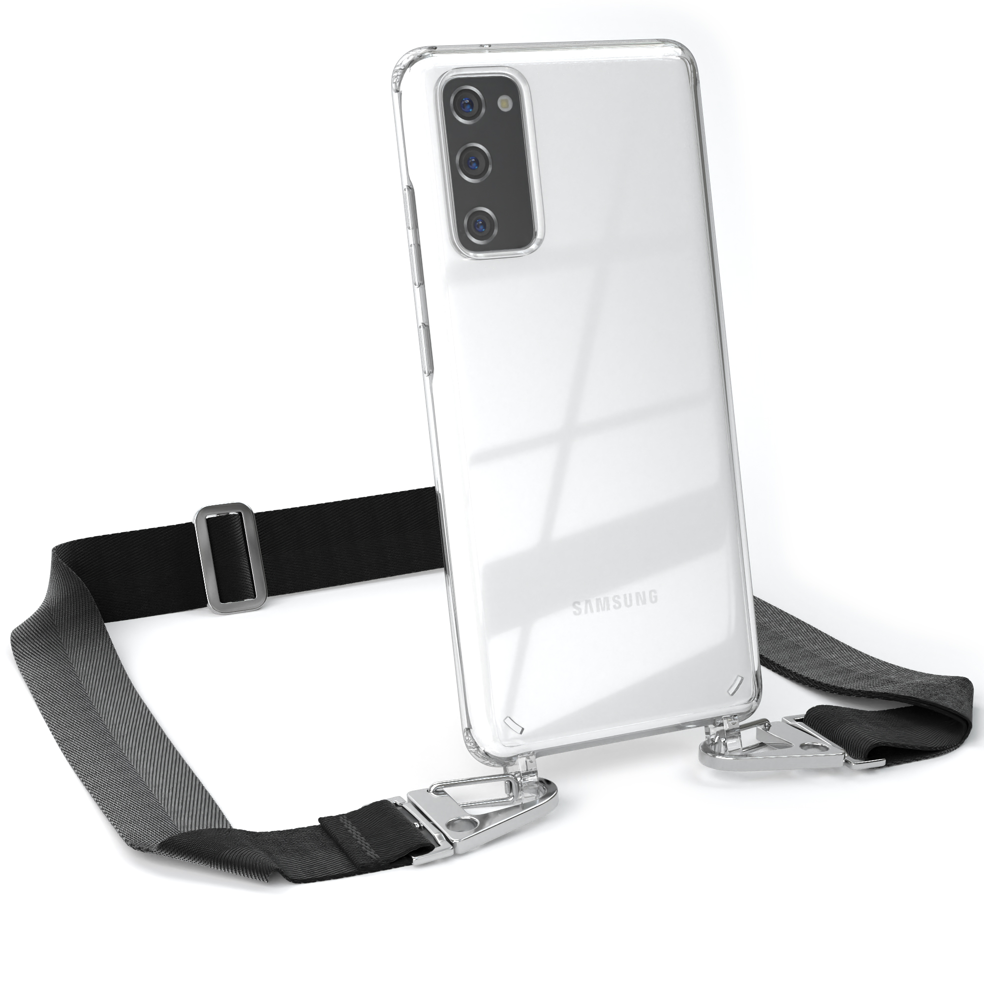 Klares Telefon mit Lanyard. Das Telefon ist klar mit drei Kameras.