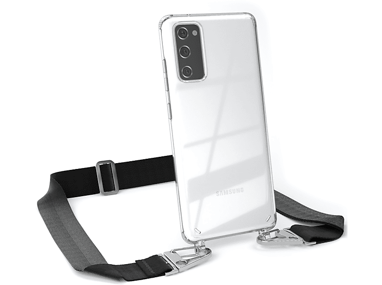 EAZY CASE Transparente Handyhülle mit Silber / Schwarz Galaxy S20, breiter Umhängetasche, Kordel Samsung, + Karabiner