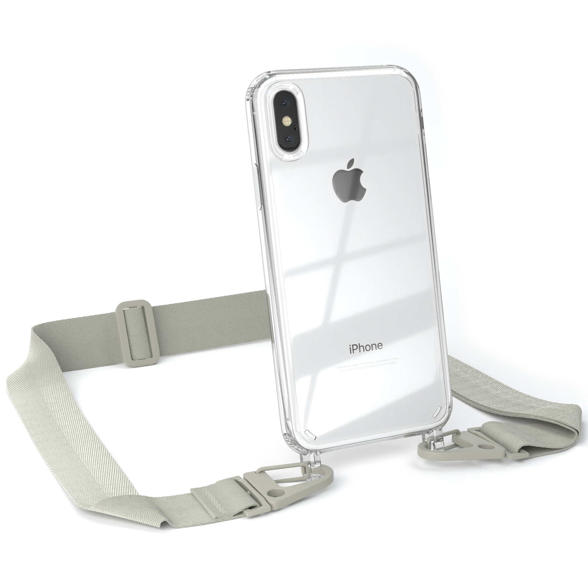 EAZY CASE Transparente Handyhülle mit Apple, Umhängetasche, Kordel + Grau Beige Taupe Karabiner, iPhone breiter / XS Max