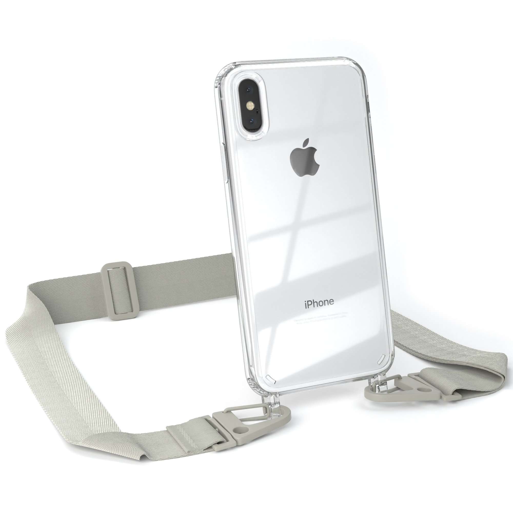Transparente iPhone-Hülle mit grauem Riemen. Das Telefon hat ein schwarzes Apple-Logo und eine einzelne Kamera.