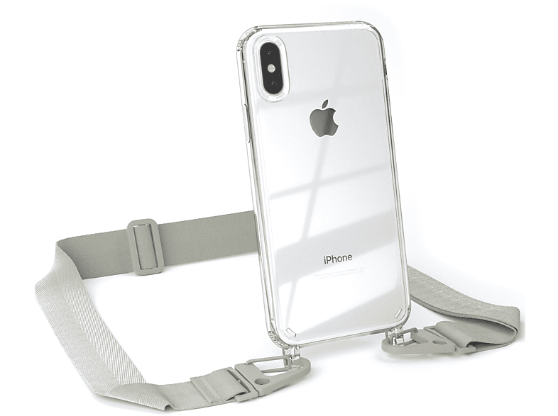 EAZY CASE Transparente Handyhülle mit breiter Kordel + Karabiner, Umhängetasche, Apple, iPhone XS Max, Beige Grau / Taupe