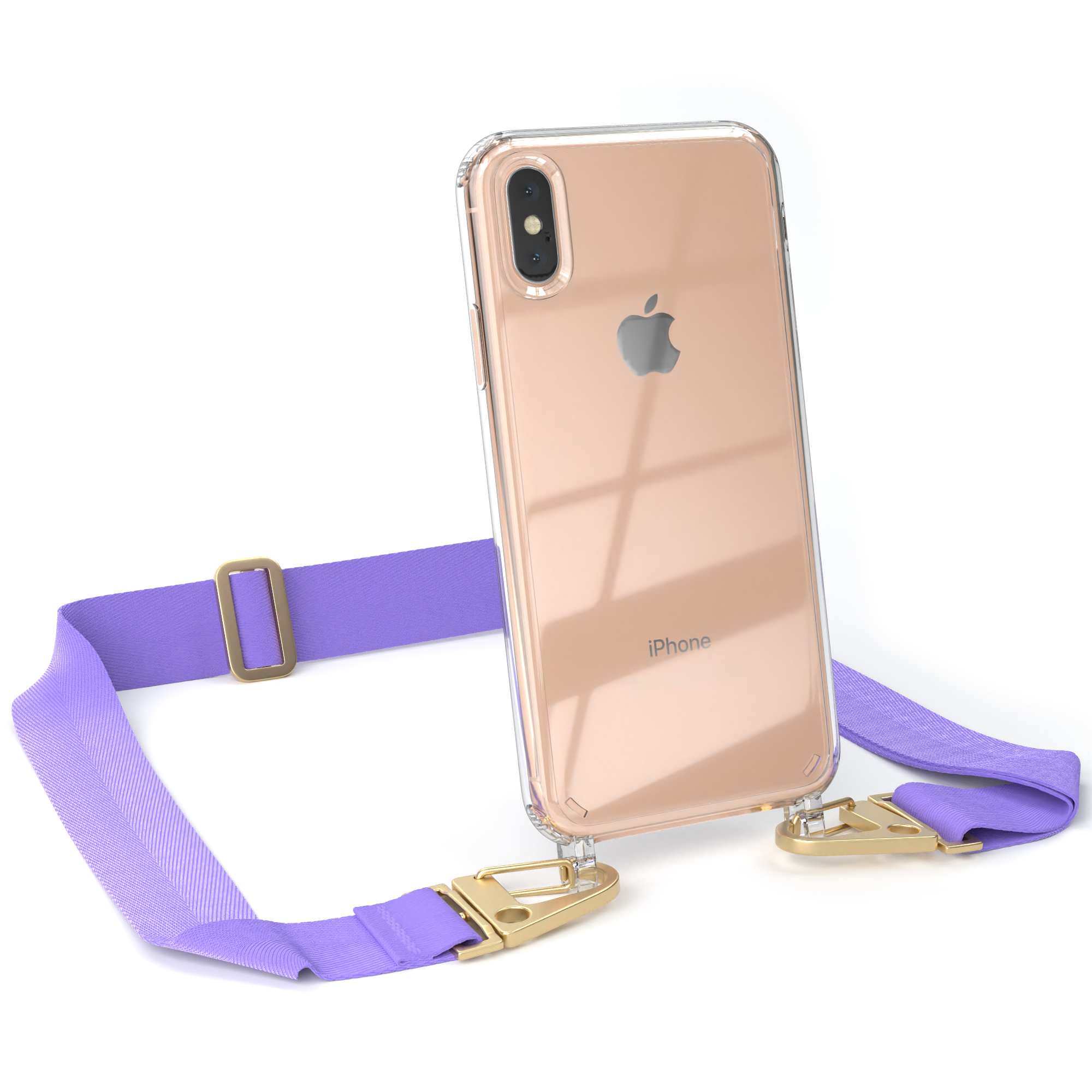 Eine transparente Handyhülle auf weißem Untergrund. Das Telefon hat einen hellvioletten Riemen angebracht.