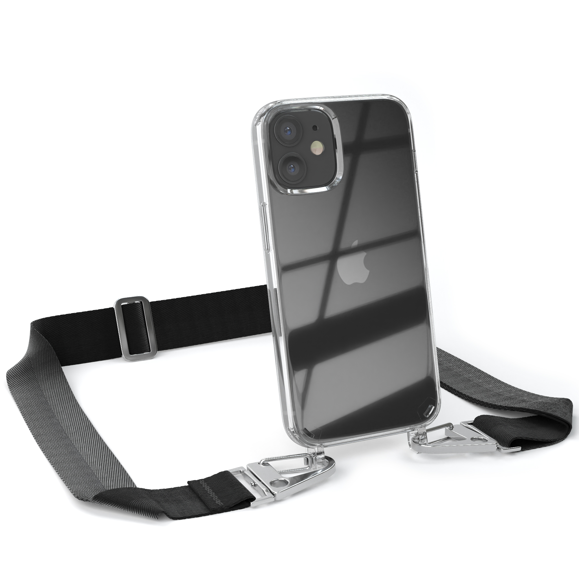 Transparente Handyhülle mit schwarzem Riemen. Telefon hat zwei Kameras. Hintergrund weiß.