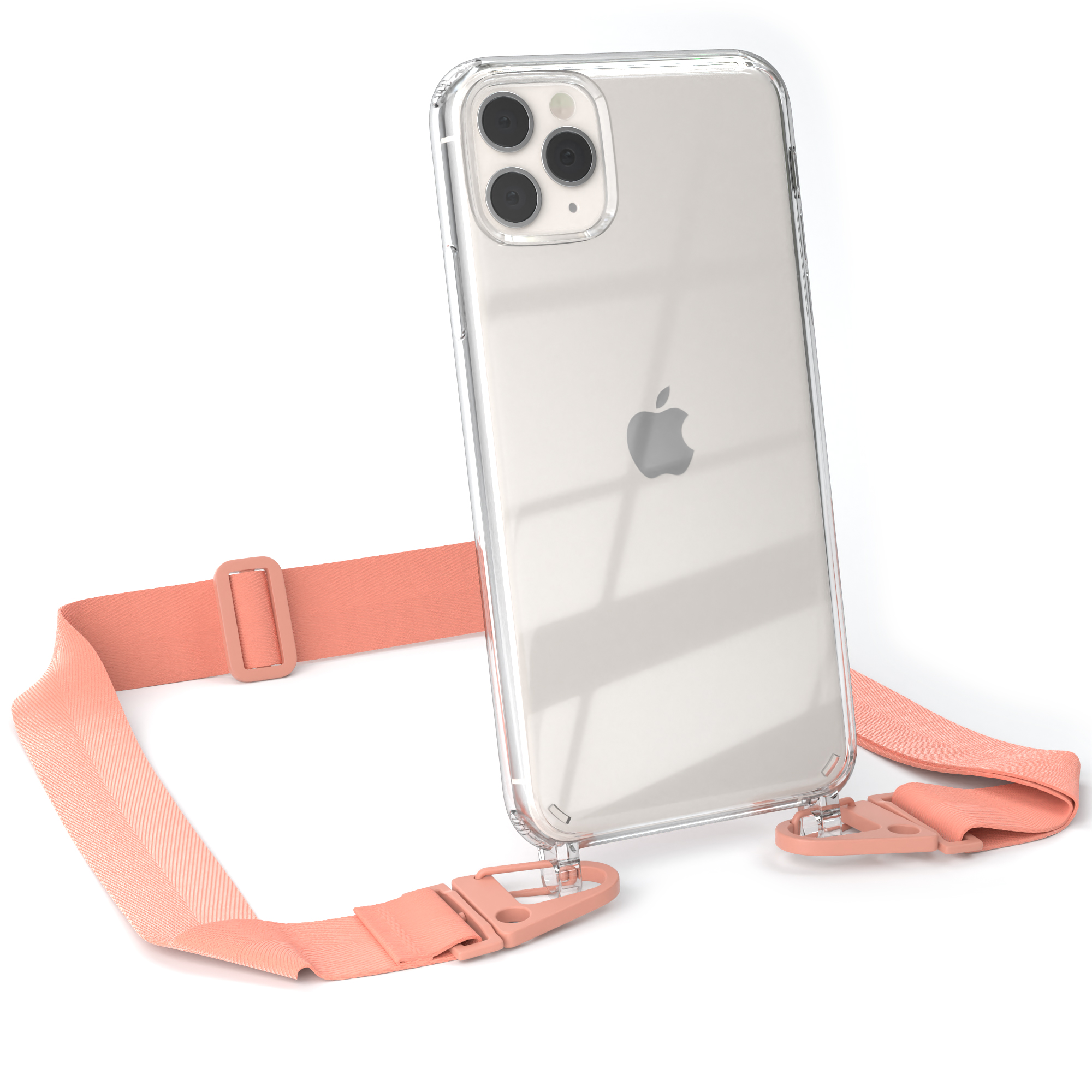 Eine transparente Handyhülle auf weißem Untergrund. Das Telefon hat einen hellorangenen Riemen angebracht.