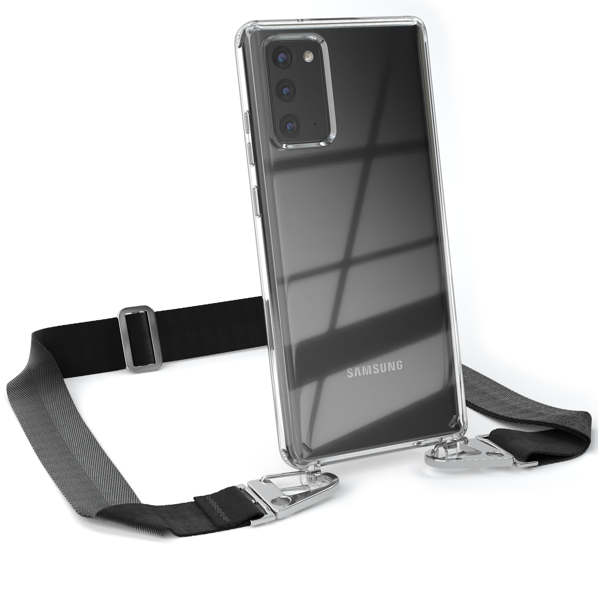 Transparente Handyhülle mit schwarzem Band und silbernen Verschlüssen, an Samsung.