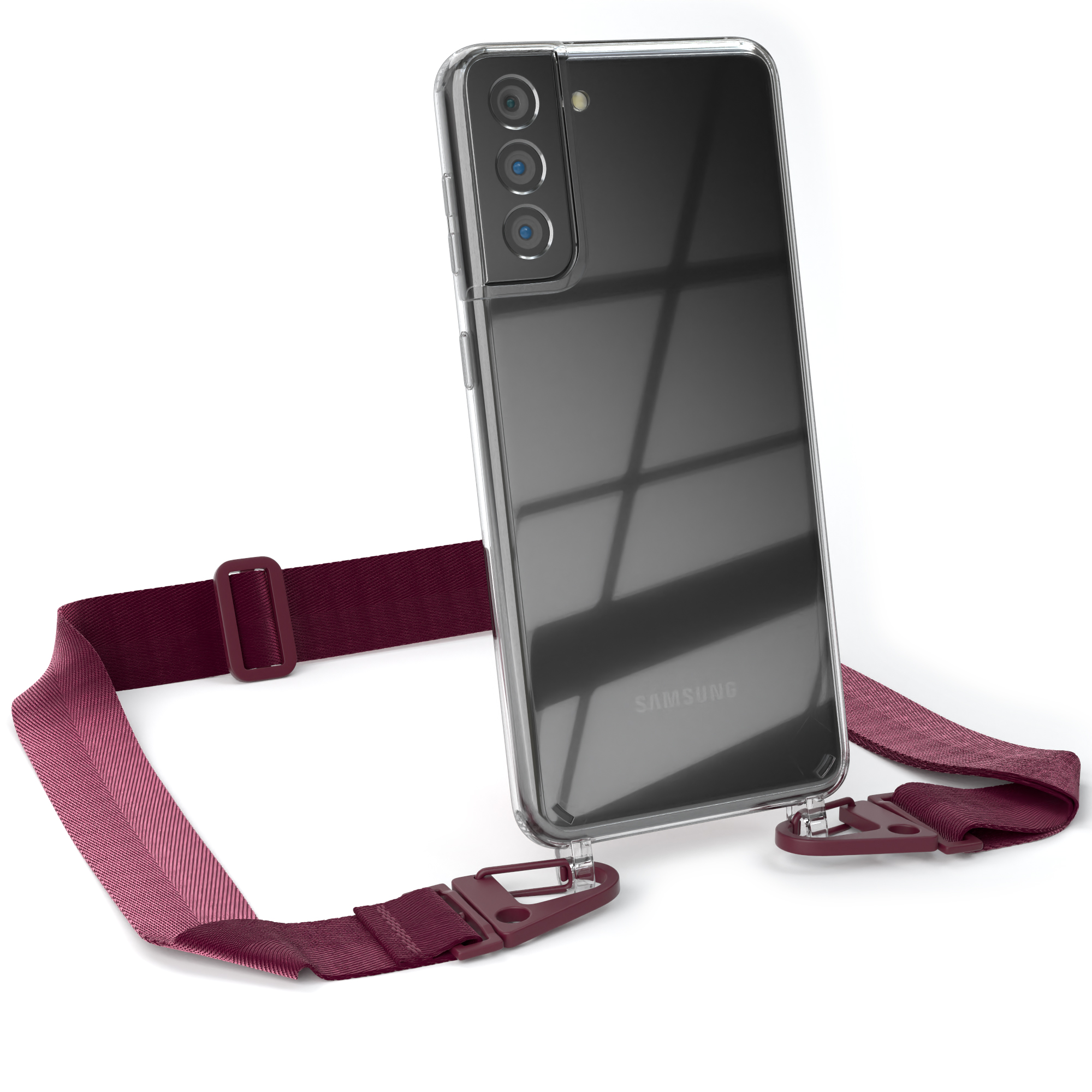 EAZY CASE Transparente Handyhülle mit S21 Plus Rot Galaxy Samsung, Burgundy Umhängetasche, breiter Karabiner, + Kordel 5G, Beere 