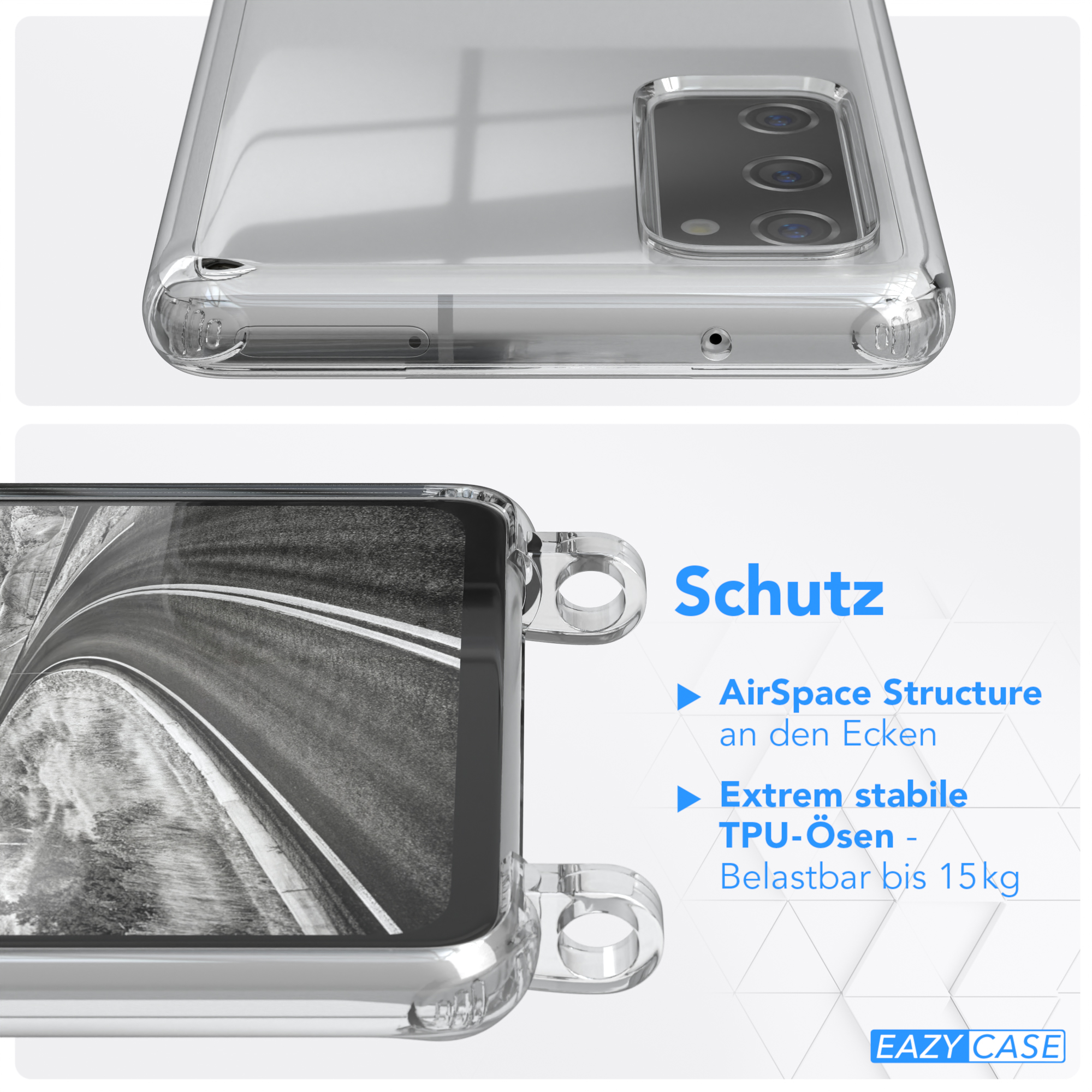 Nahaufnahme einer Handyhülle mit einem Gehäuse. Zu den Merkmalen gehören AirSpace Structure und TPU-Schutz.