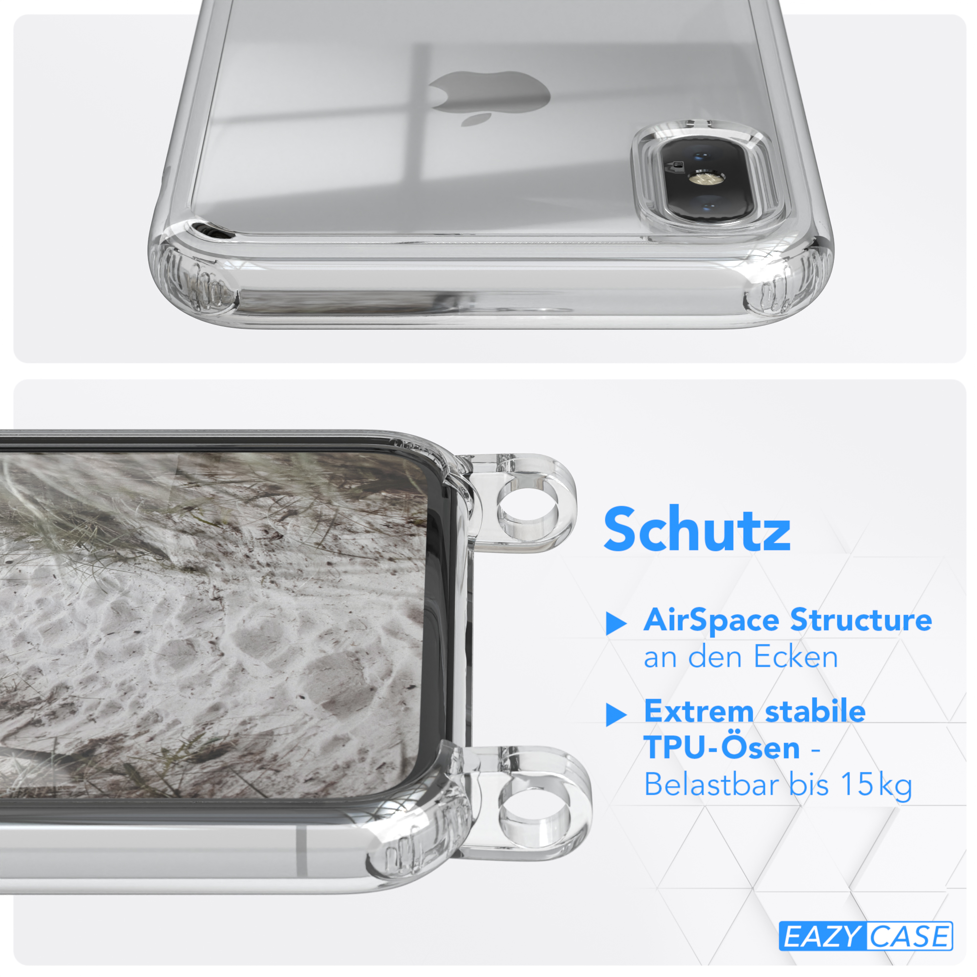 Transparente Handyhülle. Draufsicht mit Apple-Logo. Unteransicht mit Schutzmerkmalen und Text.