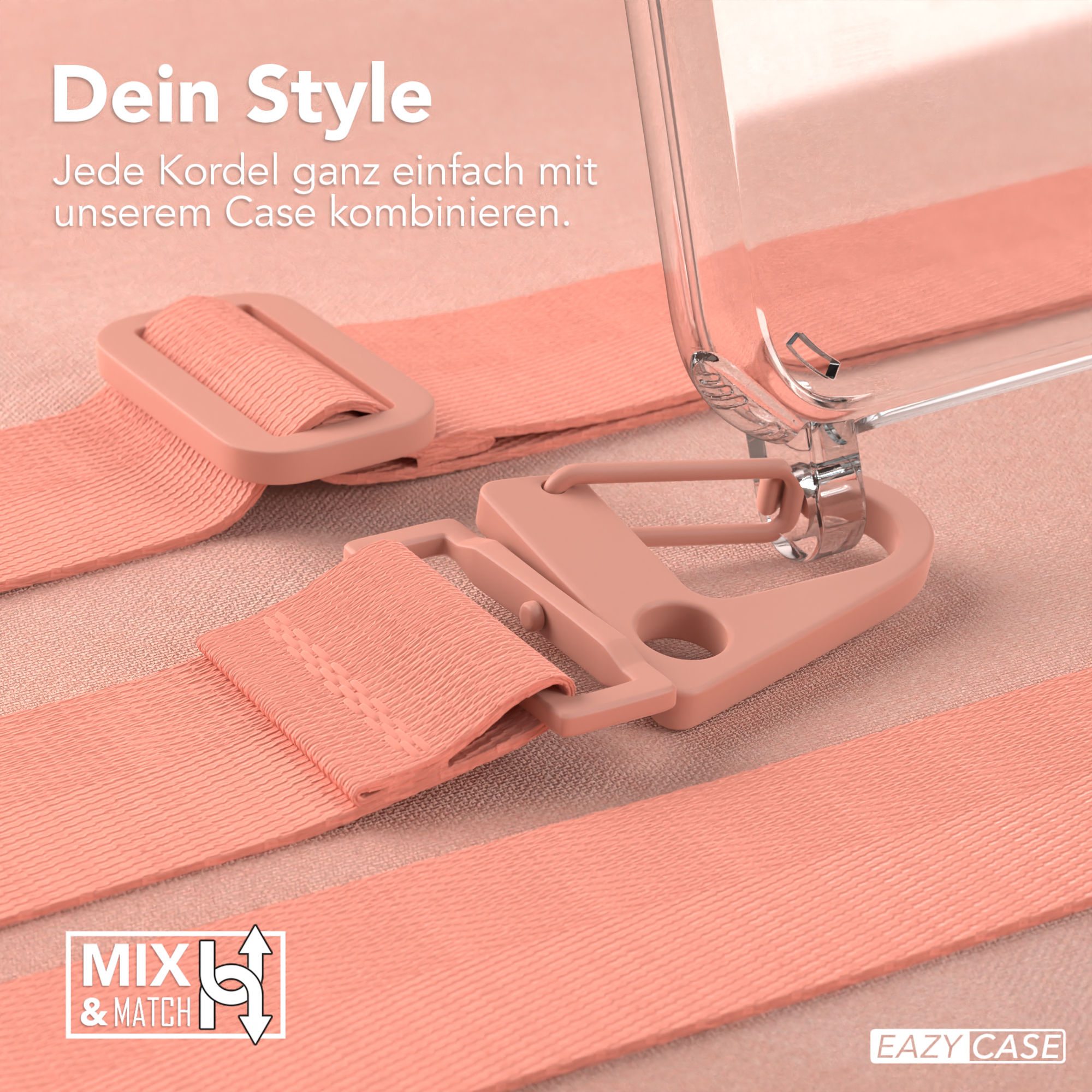 Transparente Handyhülle mit rosa Riemen und Verschlüssen auf hellrosa Oberfläche. MIX & MATCH.