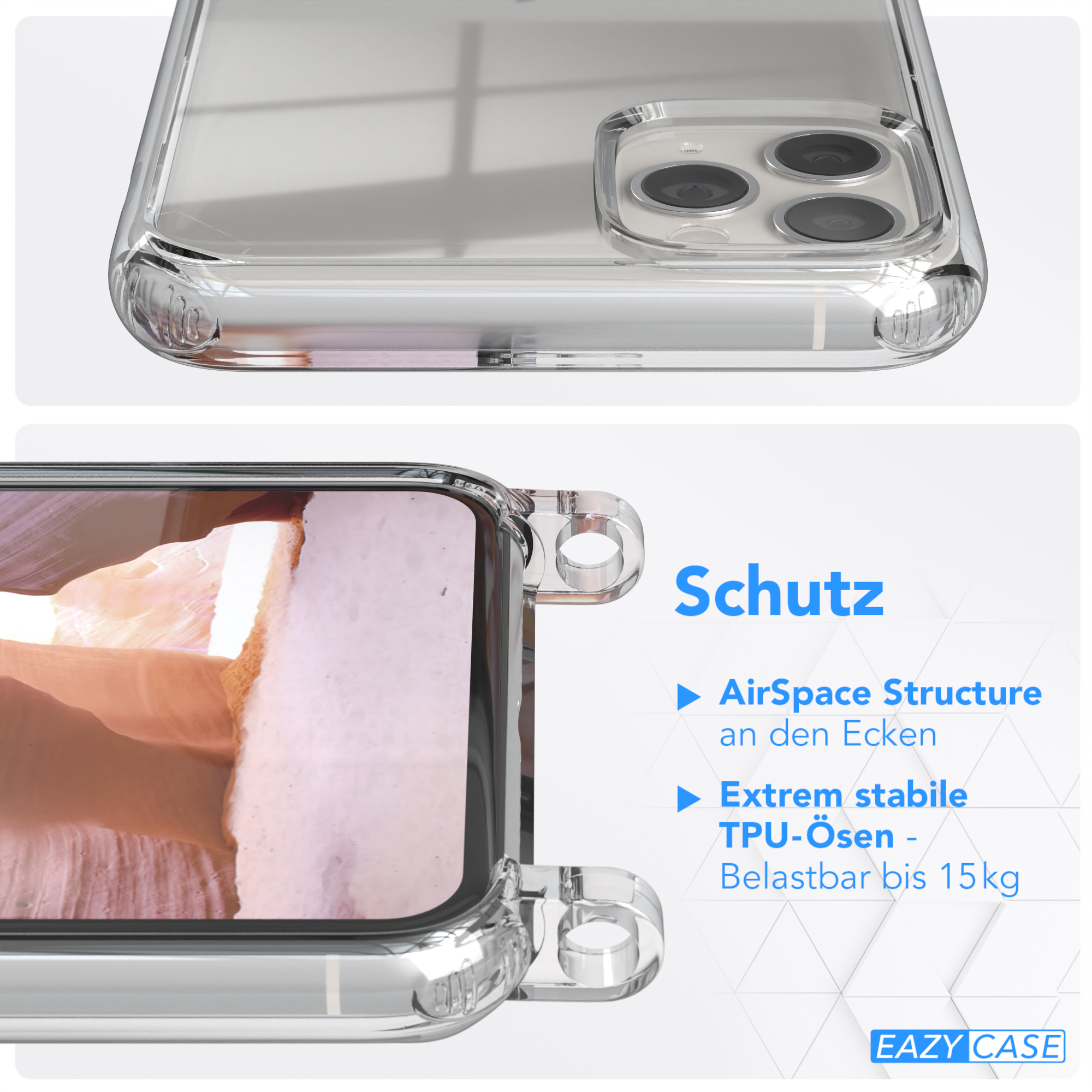 Nahaufnahme einer Handyhülle mit Telefon. Merkmale: AirSpace Structure, TPU-Ösen, Belastung bis 15 kg.